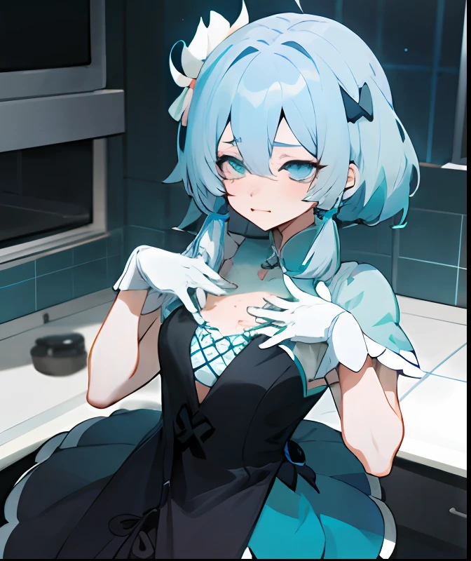 anime girl with blue hair and blue eyes in a kitchen, my dress up darling anime, ahegao face, ahegao, blue scales covering her chest, stylized anime, 8k!!, anime waifu, , anime girl with teal hair, mikudayo, waifu, sad cerulean eyes, ayaka genshin impact