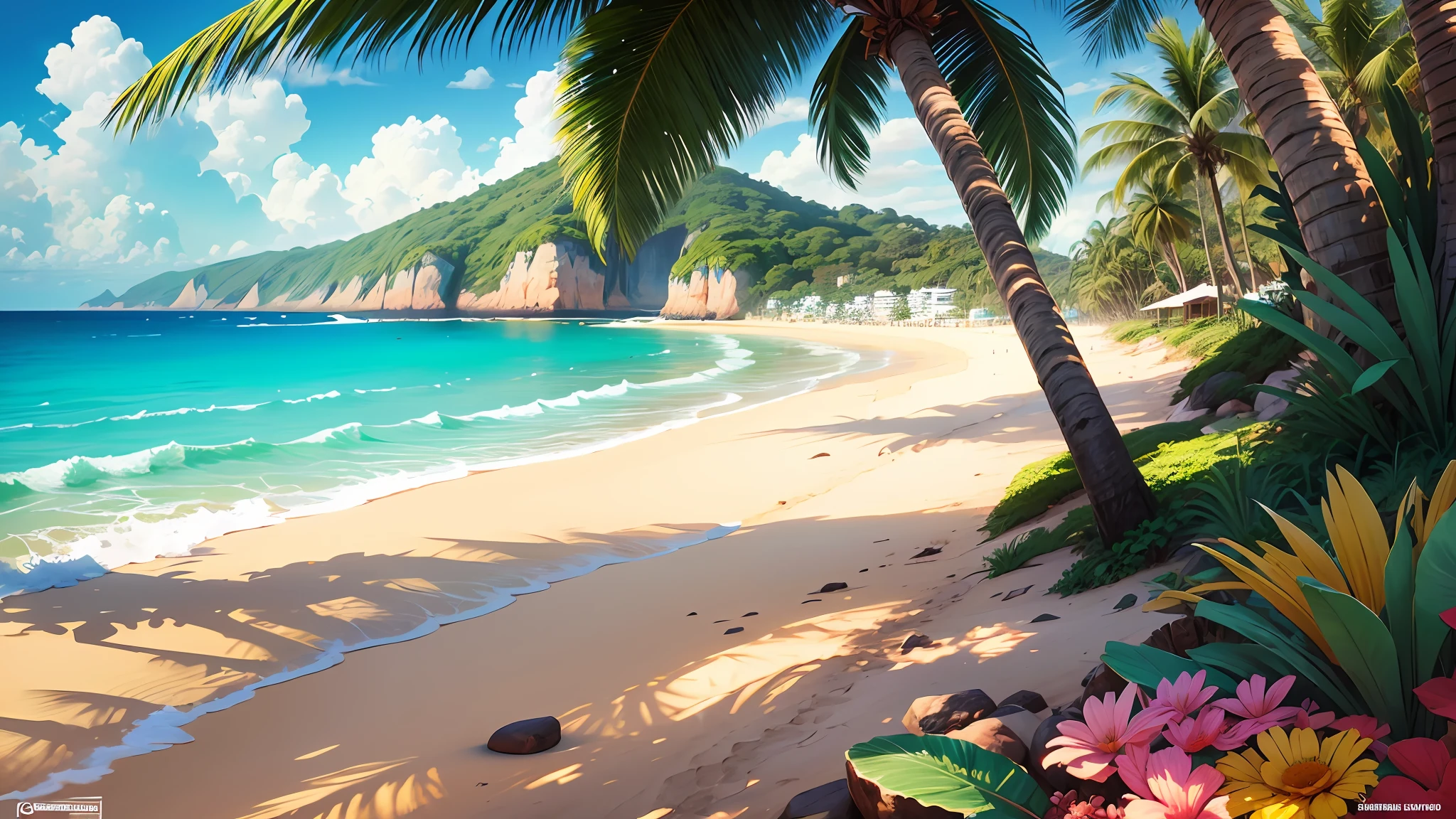 cartoon HD, beautiful beach, sunny morning, Brazilian plants --auto --s2