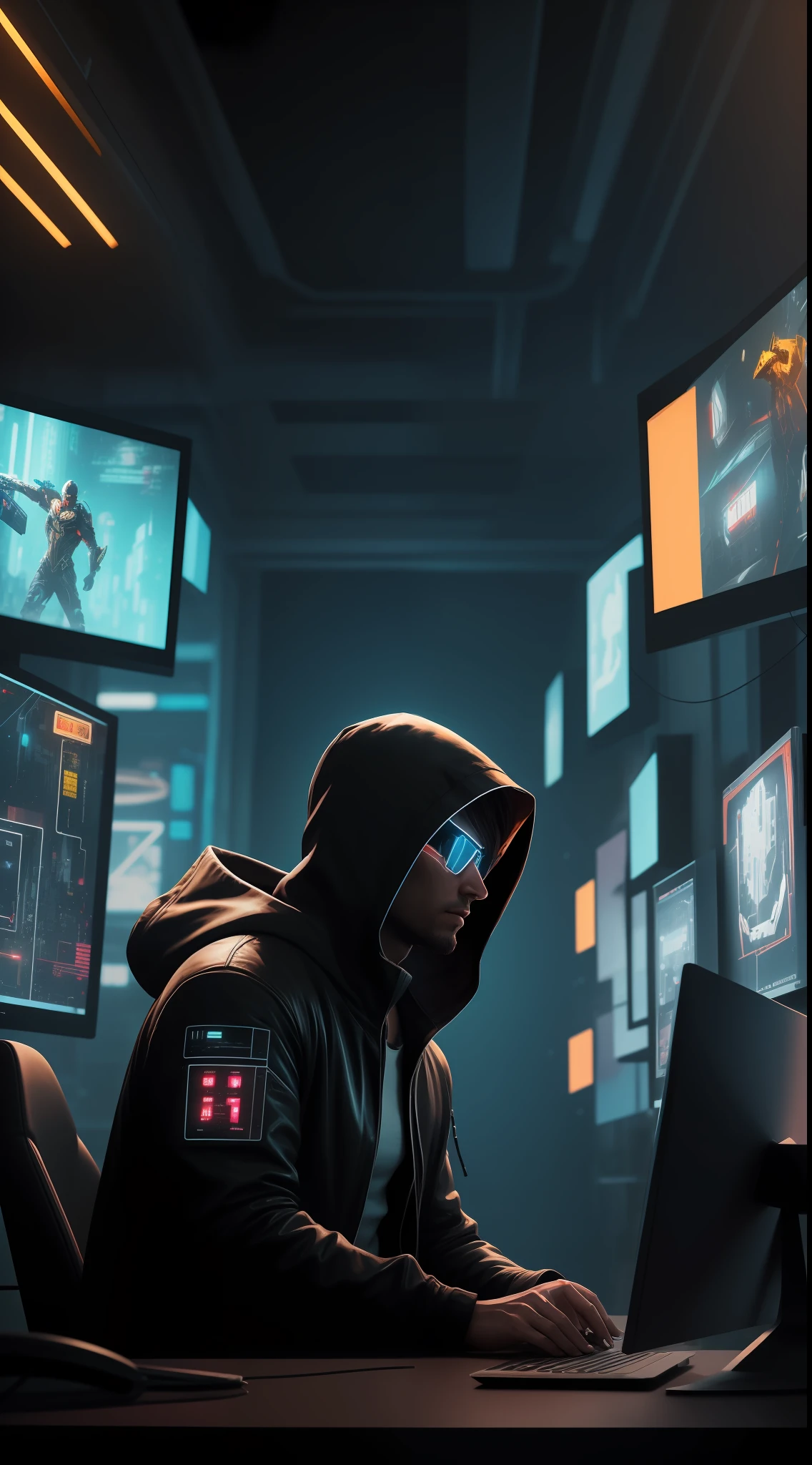 A lone hacker, immersed in a dark room full of bright computer screens and floating holograms., cyberpunk aesthetics, action movie shot by Kon Satoshi, Semi Impasto style, matte painting, atmospheric, bright, dramatic lighting