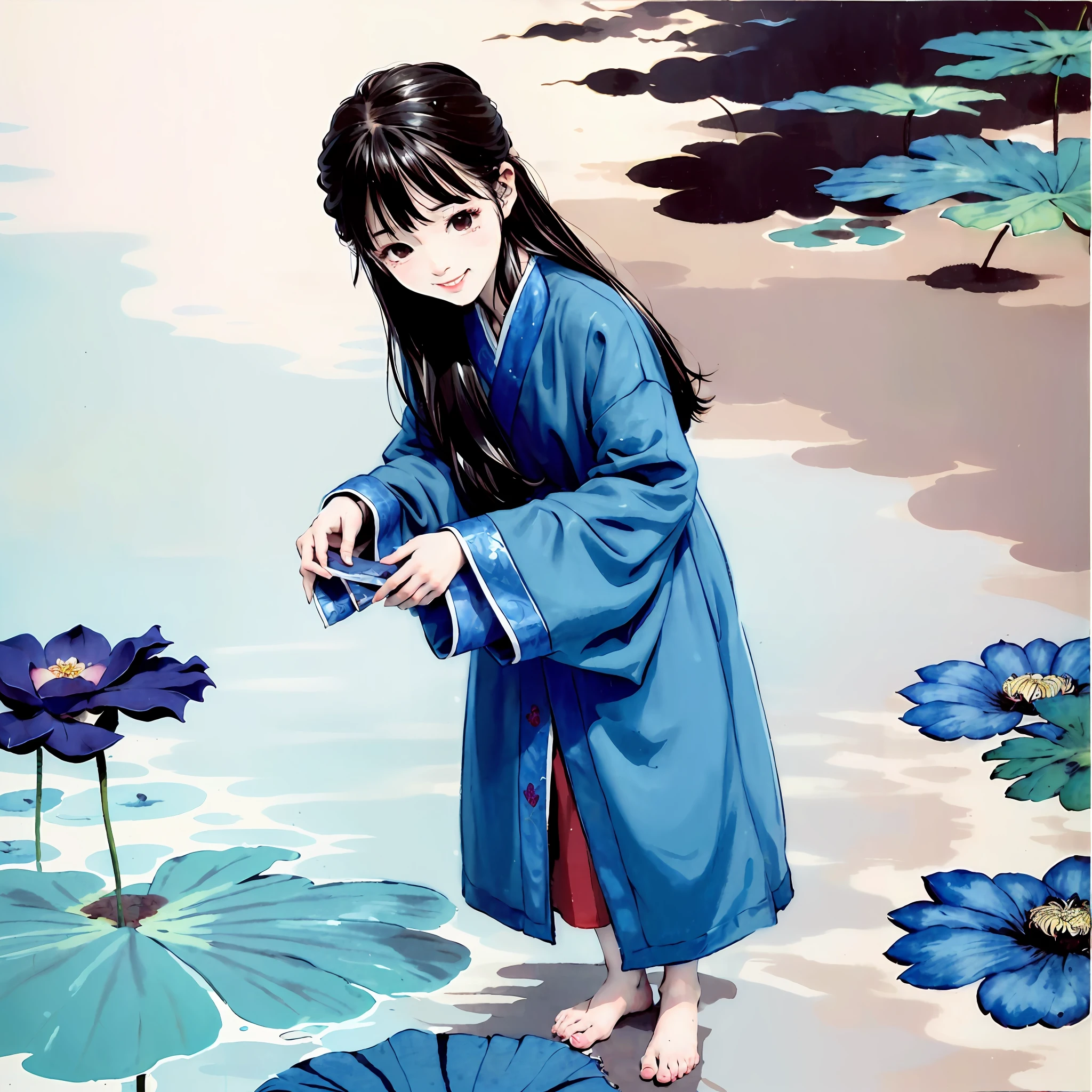 ((4k, masterpiece, top quality)), Shui Mobi Sim, traditional Chinese ink painting, lotus, Han cloth, one boy solo, long blue hair, smile, standing, feet in the water, barefoot,