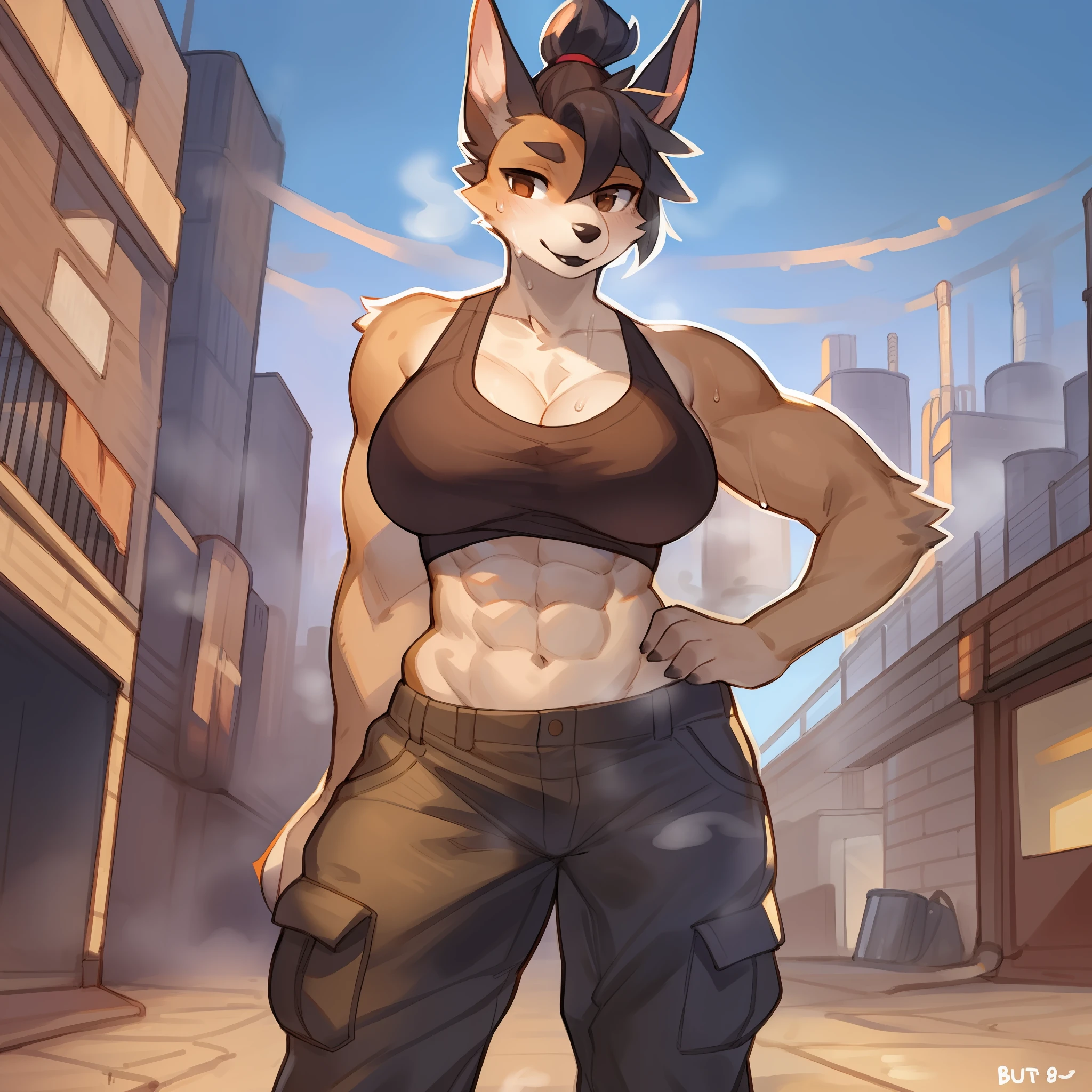 solo, female, standing, canine, black fur, black body, black hair, pompadour, pompadour haircut, lips, black lips, black nose, tall ears, dobermann, snout, brown eyes, detailed eyes, detailed hands, muscular, big breasts, large biceps, white tank top, cleavage, abs, sweat, steam, baggy cargo pants, garage, open garage door, city, smog, smoggy, smoky, hazy, factories, smokestacks, by glitter trap boy, by buta99, by bebebebebe, by chelodoy