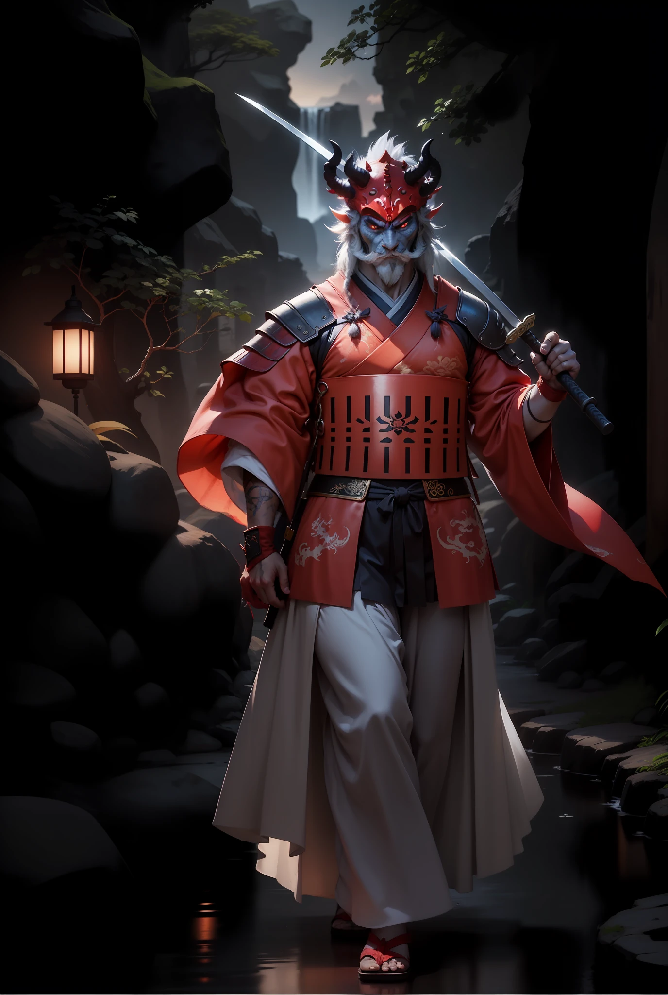 Chinese dragon head, blue horns shaped branch,Samurai,4k,red gloves,black pants