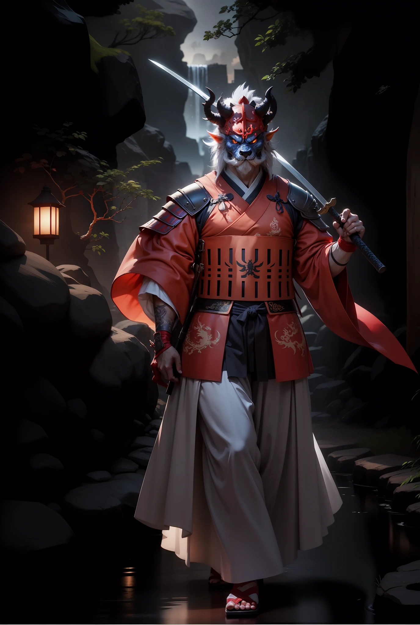 Chinese dragon head, blue horns shaped branch,Samurai,4k,red gloves,black pants