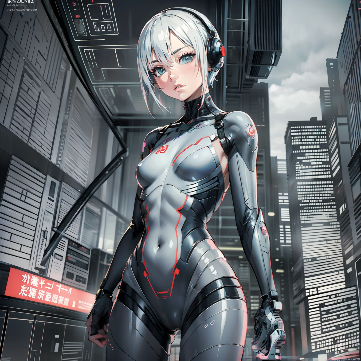 there is a woman with a short hair and a bra top, realistic anime 3 d style, cyborg - girl with silver hair, anime styled 3d, bulma from dragon ball, as a character in tekken, 2b, 2 b, anime cgi style, anime style. 8k, styled like ghost in the shell, girl with short white hair, anime cgi