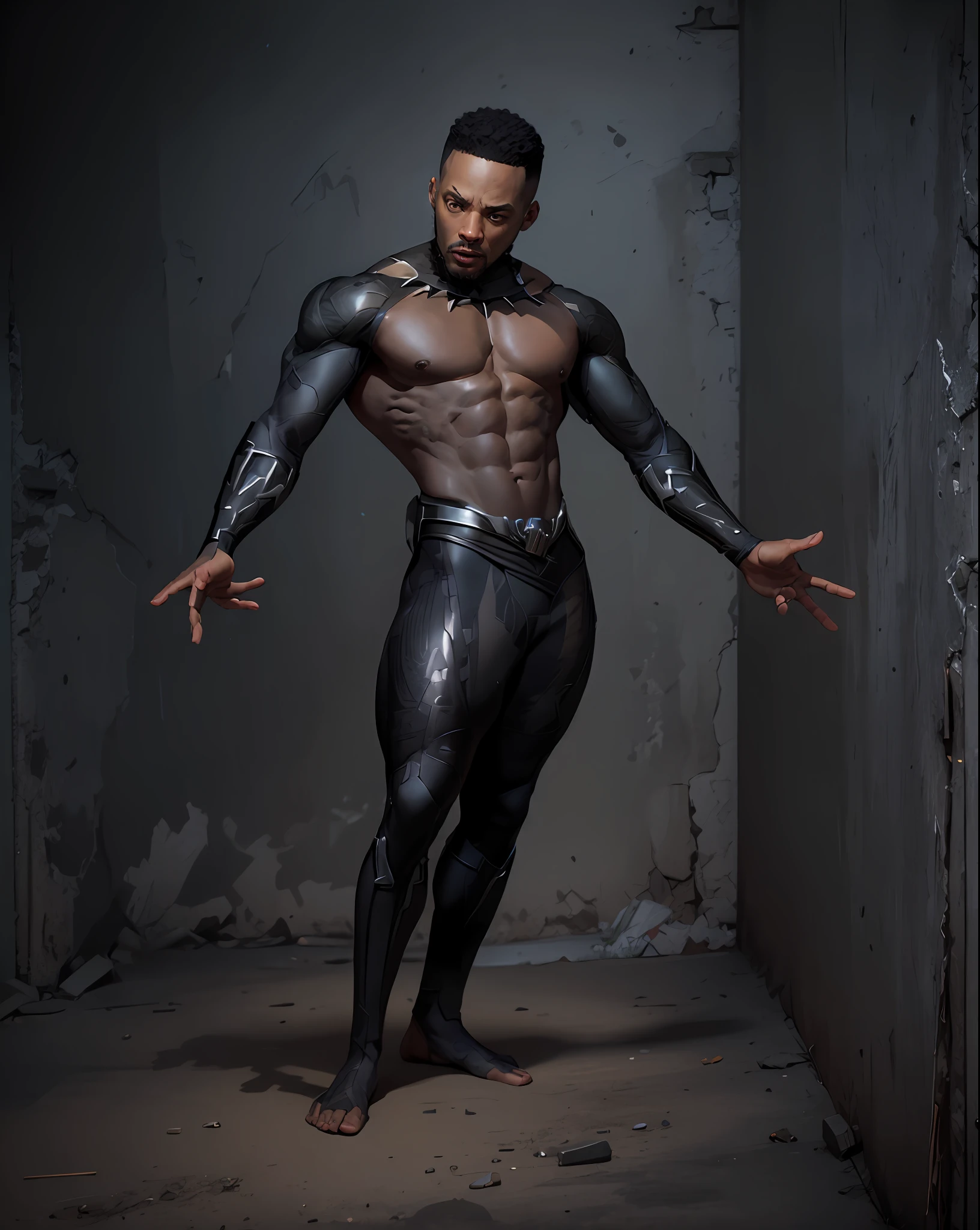 Black Panther - black man, fine art, ps5 cinematic screenshot, with Will Smith's face, doing the wankada - man, black, detailed cinematic rendering, ultra photorealistic raytricing, with cinematic lighting --auto --s2