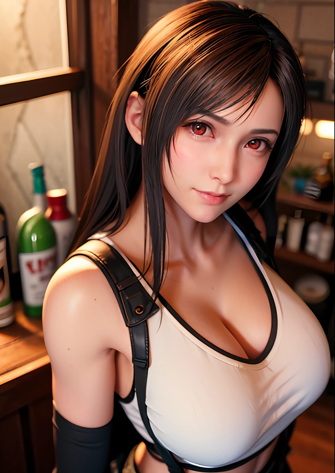 (, blush, 20yo, narrow eyes, highlights in the eyes) (Photorealistic: 1.4), Solo, Top Quality, Very Delicate and Beautiful, High Resolution, 1girl, tifa_lockhart, Smile, Cowboy Shot, Suspenders, Low Rise, Mini Skirt, Tank Top, Tense Shirt, Black Hair, Long Hair, Elbow Gloves, Beautiful Detailed Red Eyes, Face Light, Movie Lighting, Navel, (gigantic breasts: 1.0), old bar counter, background blurred, fluttering hair, adult beautiful woman, (holding breasts between arms and breasts), from above,