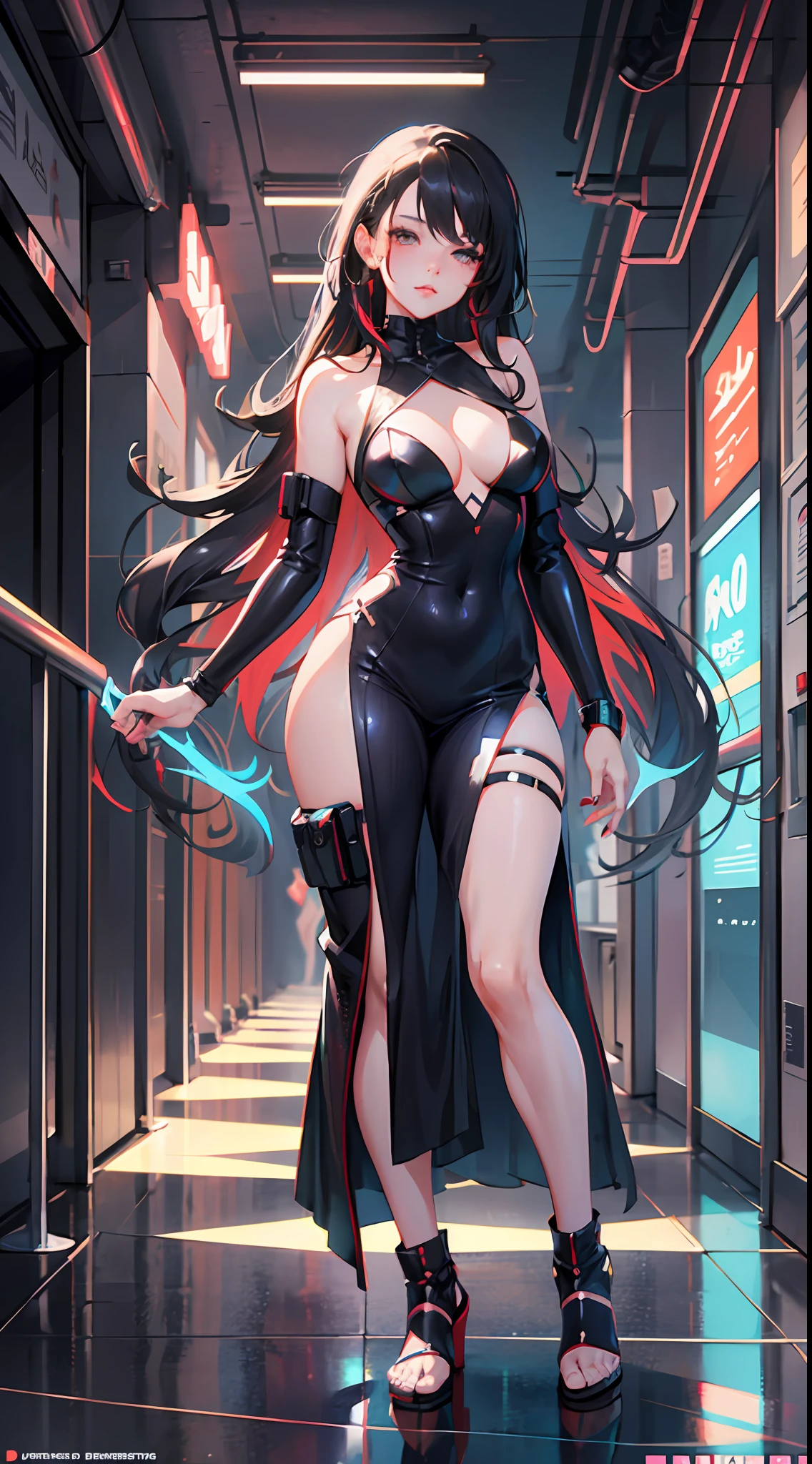 anime girl in a black dress posing in a hallway, seductive anime girl, beautiful alluring anime woman, anime girl wearing a black dress, [ 4 k digital art ]!!, style artgerm, artwork in the style of guweiz, female cyberpunk anime girl, extremely detailed artgerm, cyberpunk anime girl, smooth anime cg art, attractive anime girl