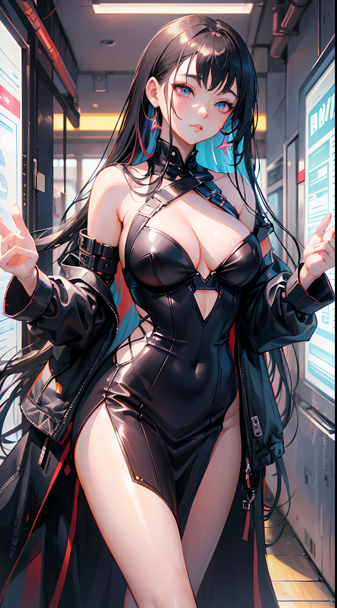 anime girl in a black dress posing in a hallway, seductive anime girl, beautiful alluring anime woman, anime girl wearing a black dress, [ 4 k digital art ]!!, style artgerm, artwork in the style of guweiz, female cyberpunk anime girl, extremely detailed artgerm, cyberpunk anime girl, smooth anime cg art, attractive anime girl