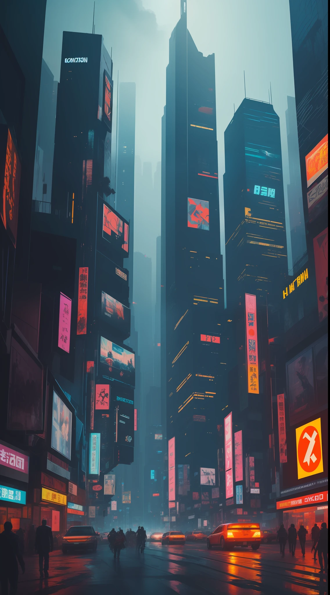 A densely populated metropolis, with gigantic skyscrapers and digital advertisements everywhere. cyberpunk aesthetics, action film shot by Kon Satoshi, Semi Impasto style, matte paint, atmospheric, bright, dramatic lighting
