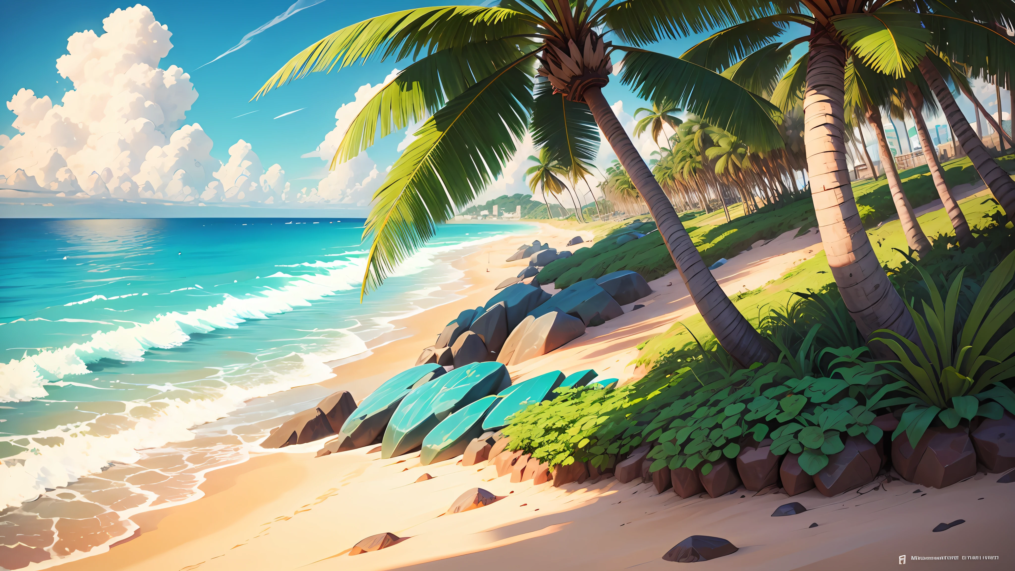 cartoon HD, beautiful beach, sunny morning, Brazilian plants --auto --s2