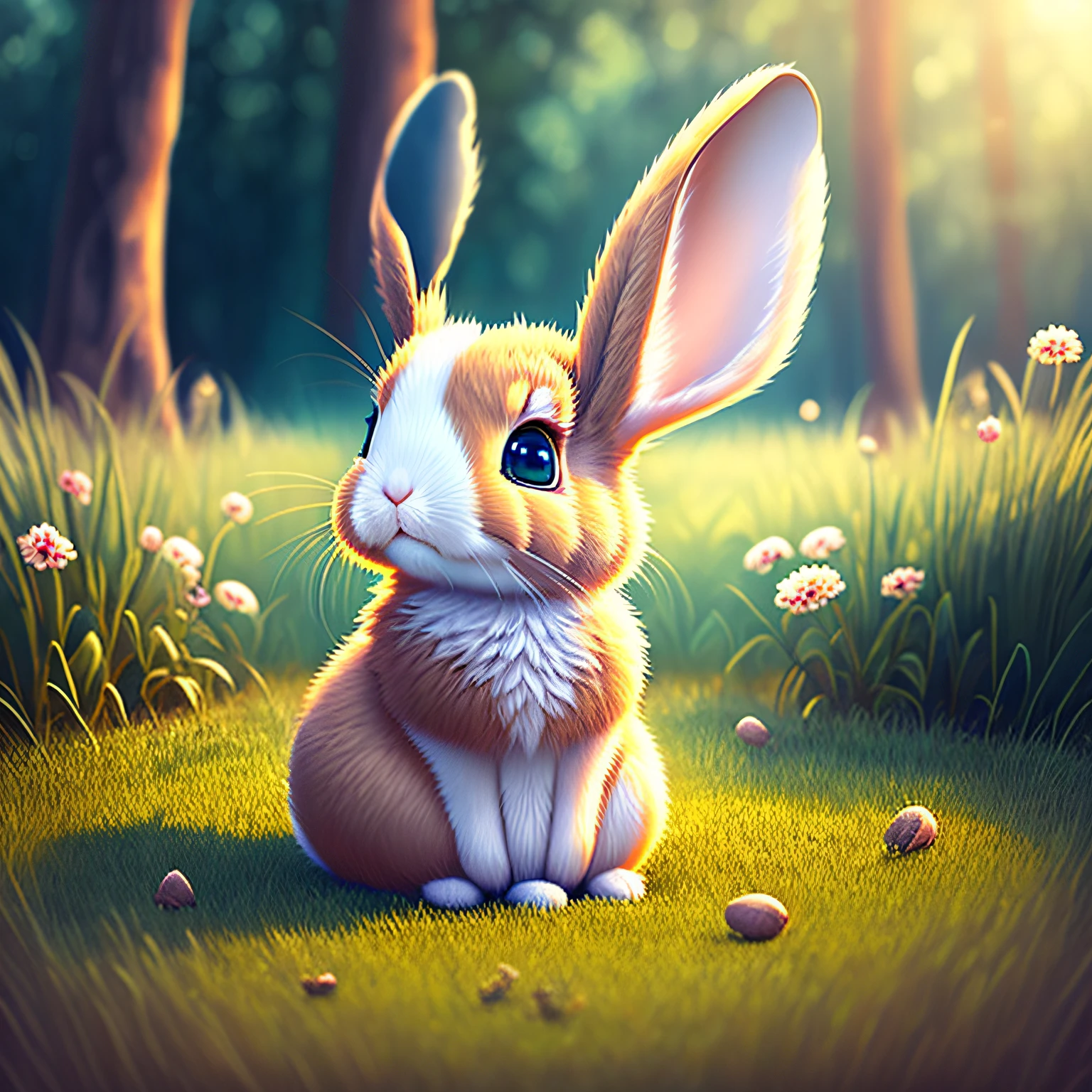 art of a small fluffy rabbit with a big ears, 3D disney pixar style, sitting on the meadow, forest background, bunny, cute, rabbit_bunny, com o corpo virado para a direita --auto
