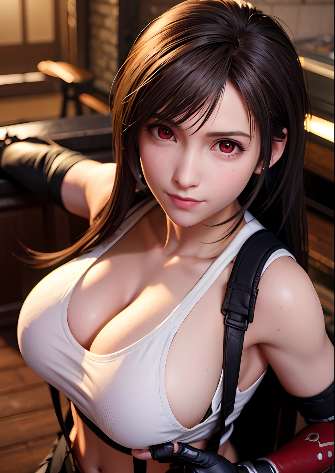 (, blush, 20yo, narrow eyes, highlights in the eyes) (Photorealistic: 1.4), Solo, Top Quality, Very Delicate and Beautiful, High Resolution, 1girl, tifa_lockhart, Smile, Cowboy Shot, Suspenders, Low Rise, Mini Skirt, Tank Top, Tense Shirt, Black Hair, Long Hair, Elbow Gloves, Beautiful Detailed Red Eyes, Face Light, Movie Lighting, Navel, (gigantic breasts: 1.0), old bar counter, background blurred, fluttering hair, adult beautiful woman, (holding breasts between arms and breasts), from above,