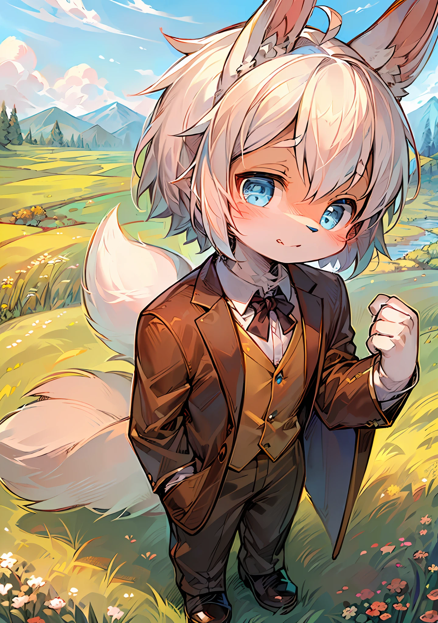 (Bright environment: 1.2), masterpiece, high quality, abstract res, digital painting\artwork (\), by dagasi, yupa, kiyosan, (anthro, fluffy fur, character focus: 1.1), anthro male rabbit, short hair, portrait , bright eyes, panorama, character focus. (Background: 0.7), Solo, Furry, Hairy Male, Male Focus, Anthr, (Full Body Fur, Fluffy Tail, White Fur, Blue Eyes, White Hair: 1.2), (Rabbit, Brown Suit: 1.2), (Exterior, Day, Meadow: 1.1)