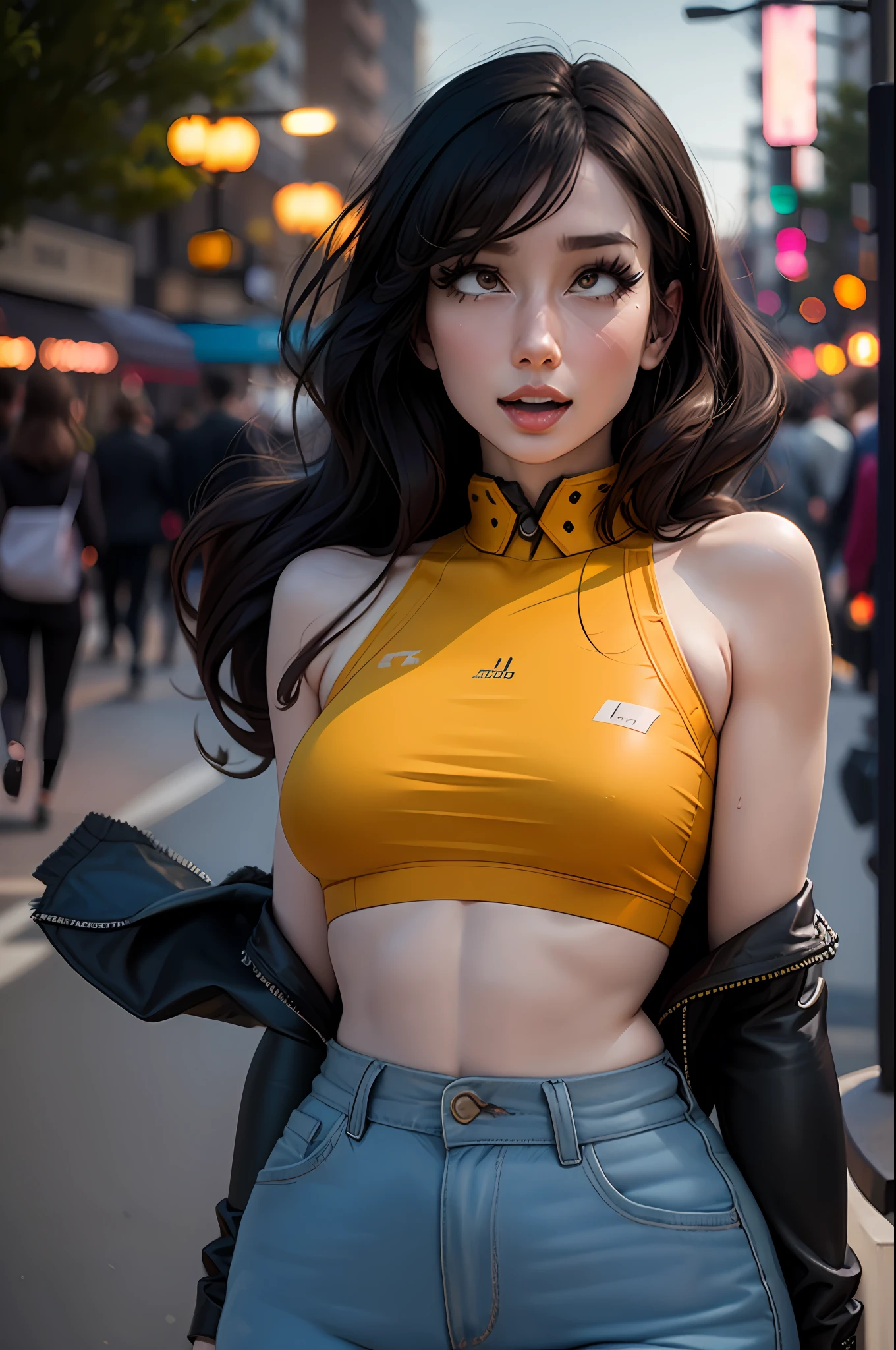 ((Realistic lighting, Best quality, 8K, Masterpiece: 1.3)), Clear focus: 1.2, 1girl, Perfect Figure: 1.4, Slim Abs: 1.1, ((Dark brown hair)), (White crop top: 1.4), (Outdoor, Night: 1.1), City streets, Super fine face, Fine eyes, Double eyelids, (aheago:1.5)