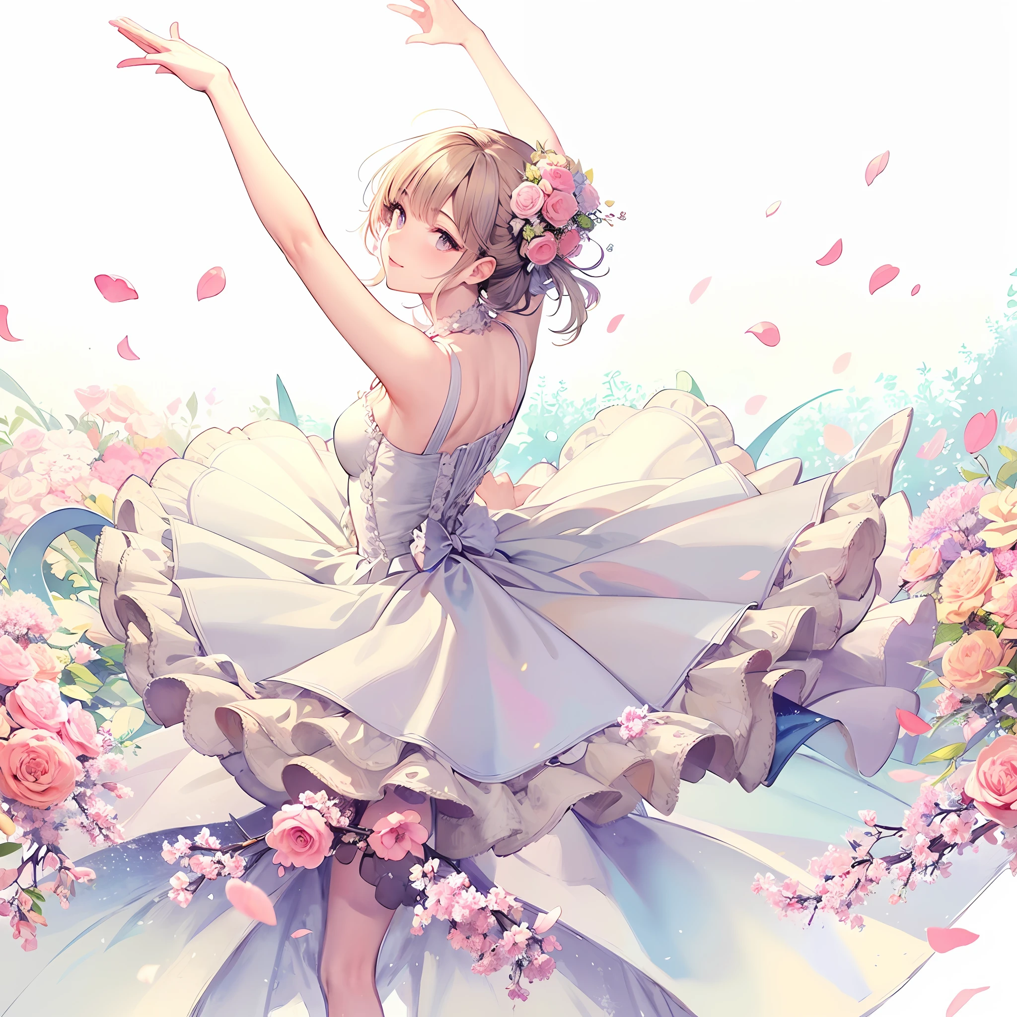 Fine brush, rough, detailed watercolor, soft and fantastic, pastel, fluffy, Caesanne,panoramic view：1.5, The girl is surrounded by flowers all over her body, petals dancing in the air.