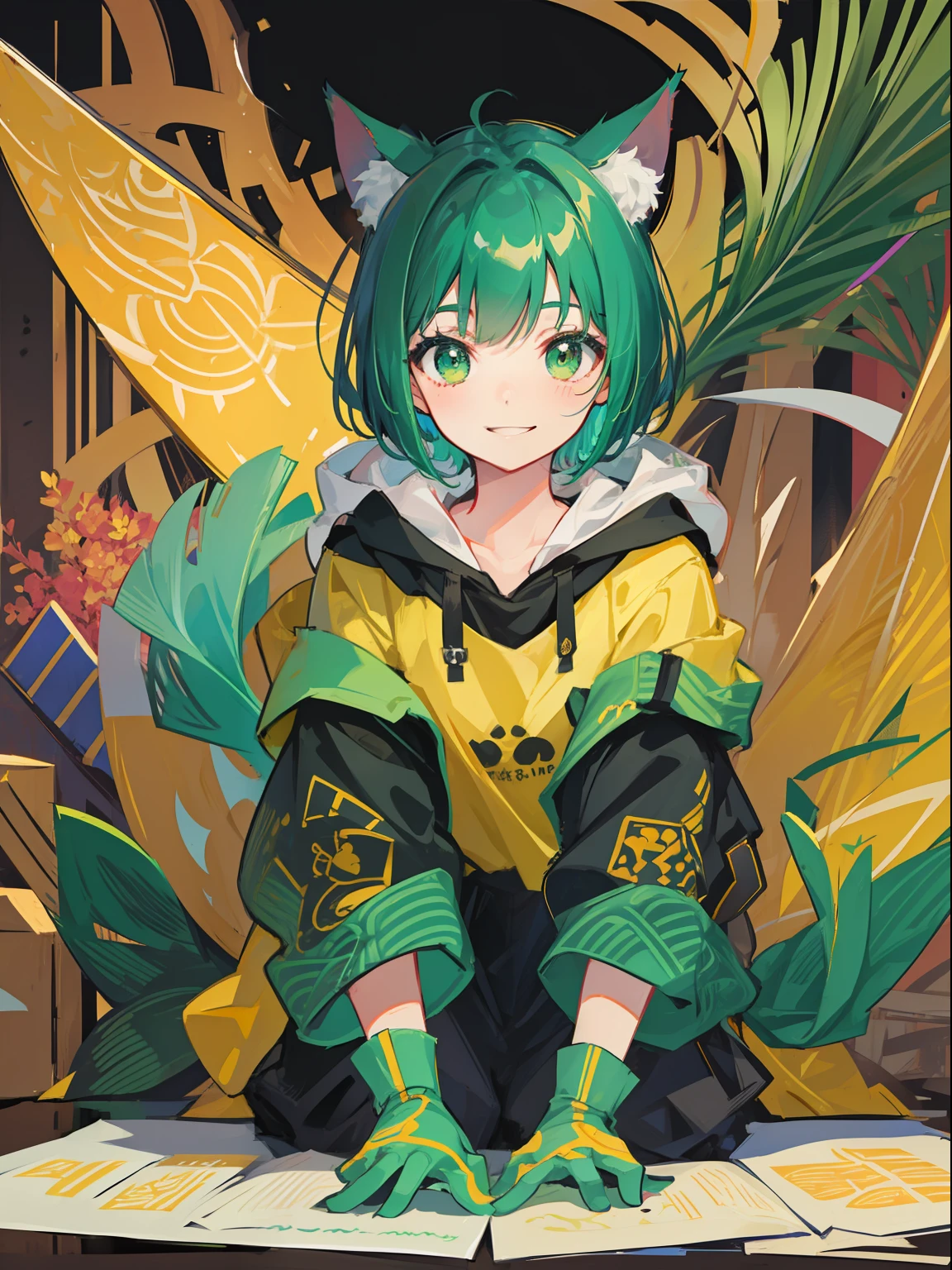 Cat girl, green short bob hair, green eyes, smile, full body, calligraphy pattern, artistic letters, beautiful letters, calligraphy, visual poetry, cultural expression, decorative writing, bold posture