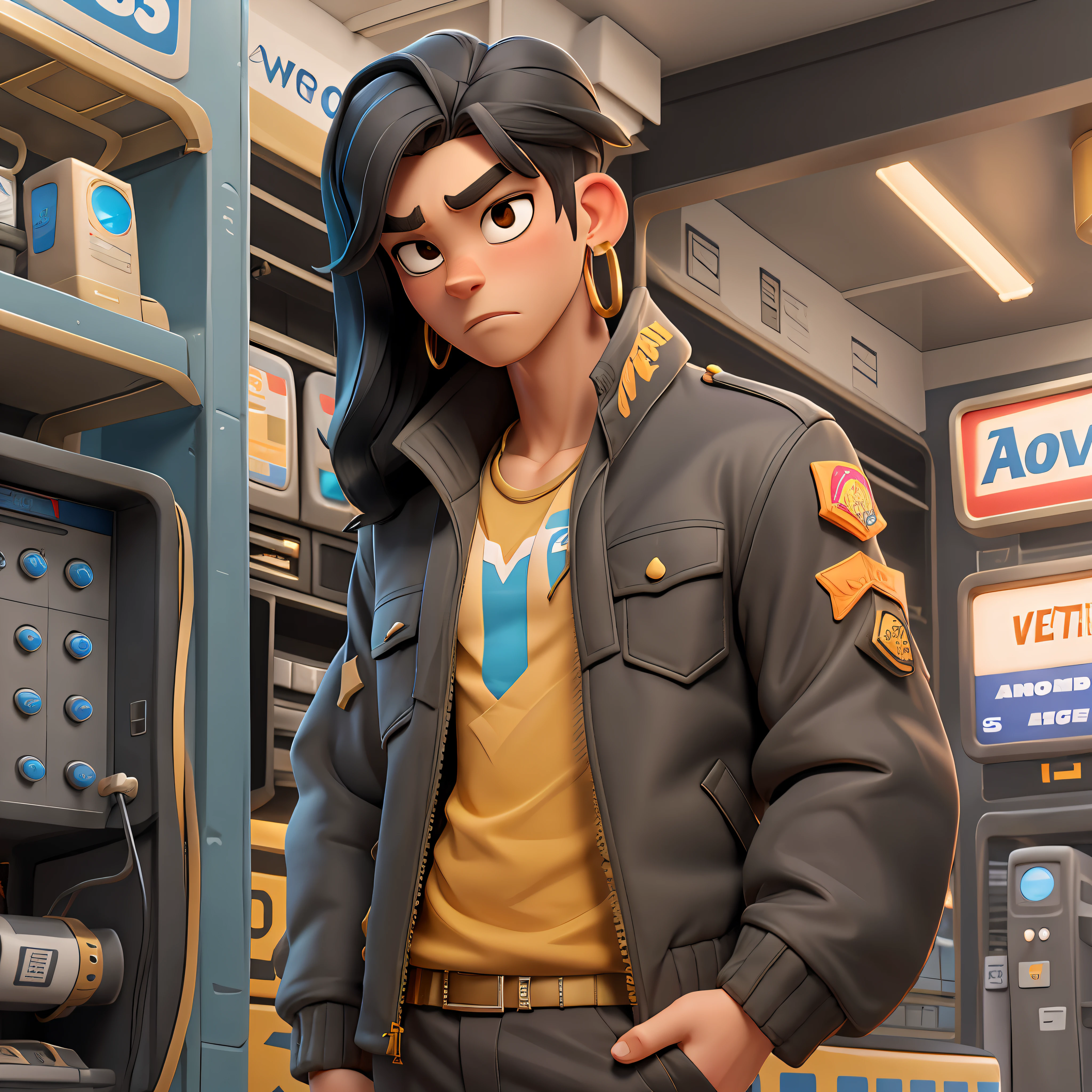 Young androgen with "long straight black hair", golden earrings, wearing "aviator's shirt and jacket", thick eyebrows, gas station, electric rays, high voltage