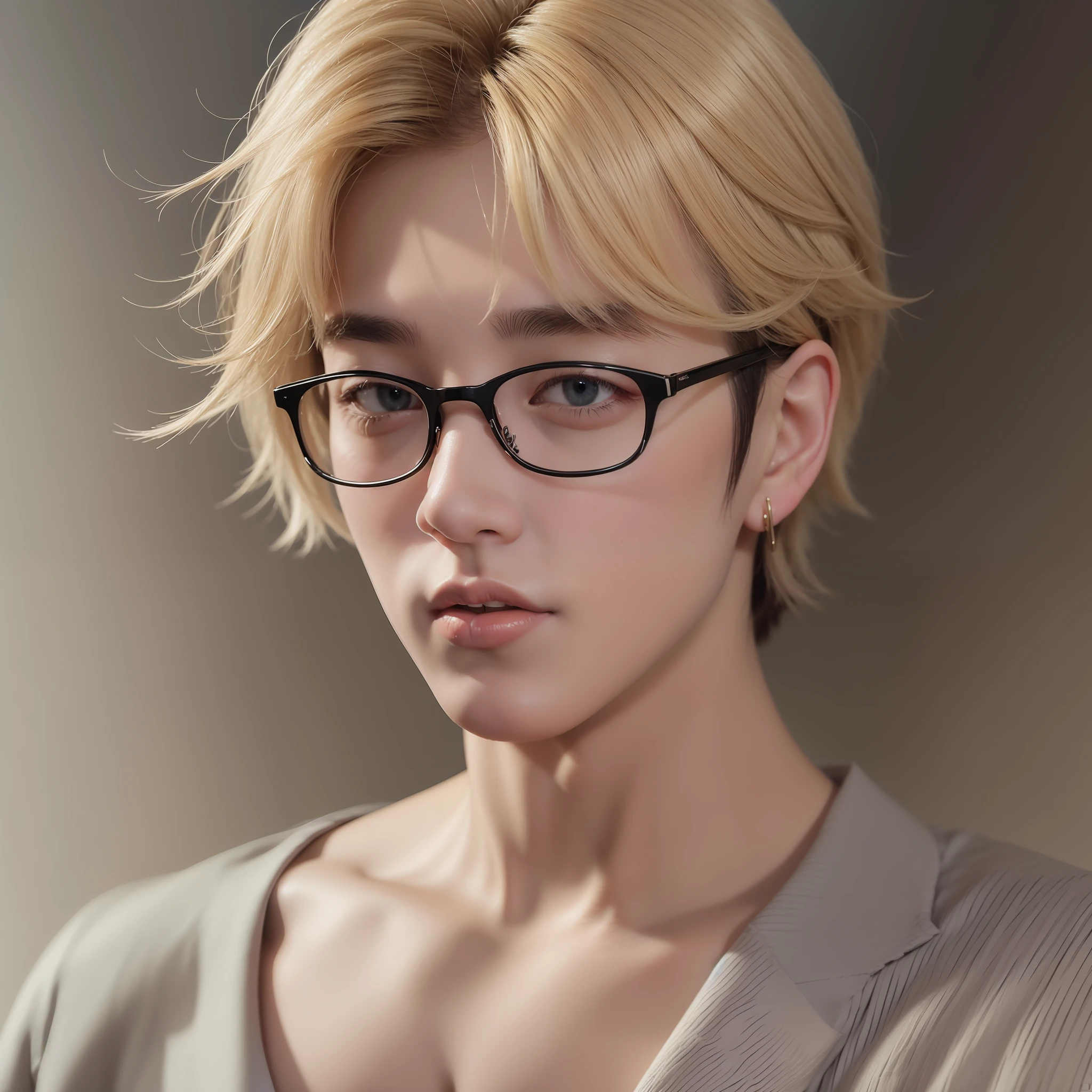 Portrait of Jungkook with glasses. Blonde hair. Masterpiece.