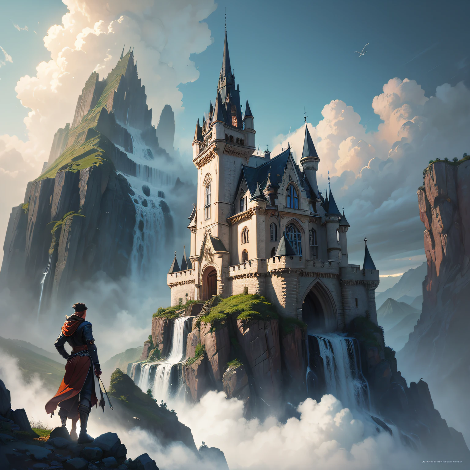 In the middle of the mountain with a waterfall is a castle, Andreas Rocha style, a magnificent castle with a tall spire, Rostlán. Scenic background, Sylvain Salaille, Andreas Rocha, John Howe, Bousiere Rutkowski Andreas Rocha, Andreas Rocha, inspired by Andreas Rocha, Jason Chan, fantasy,super details