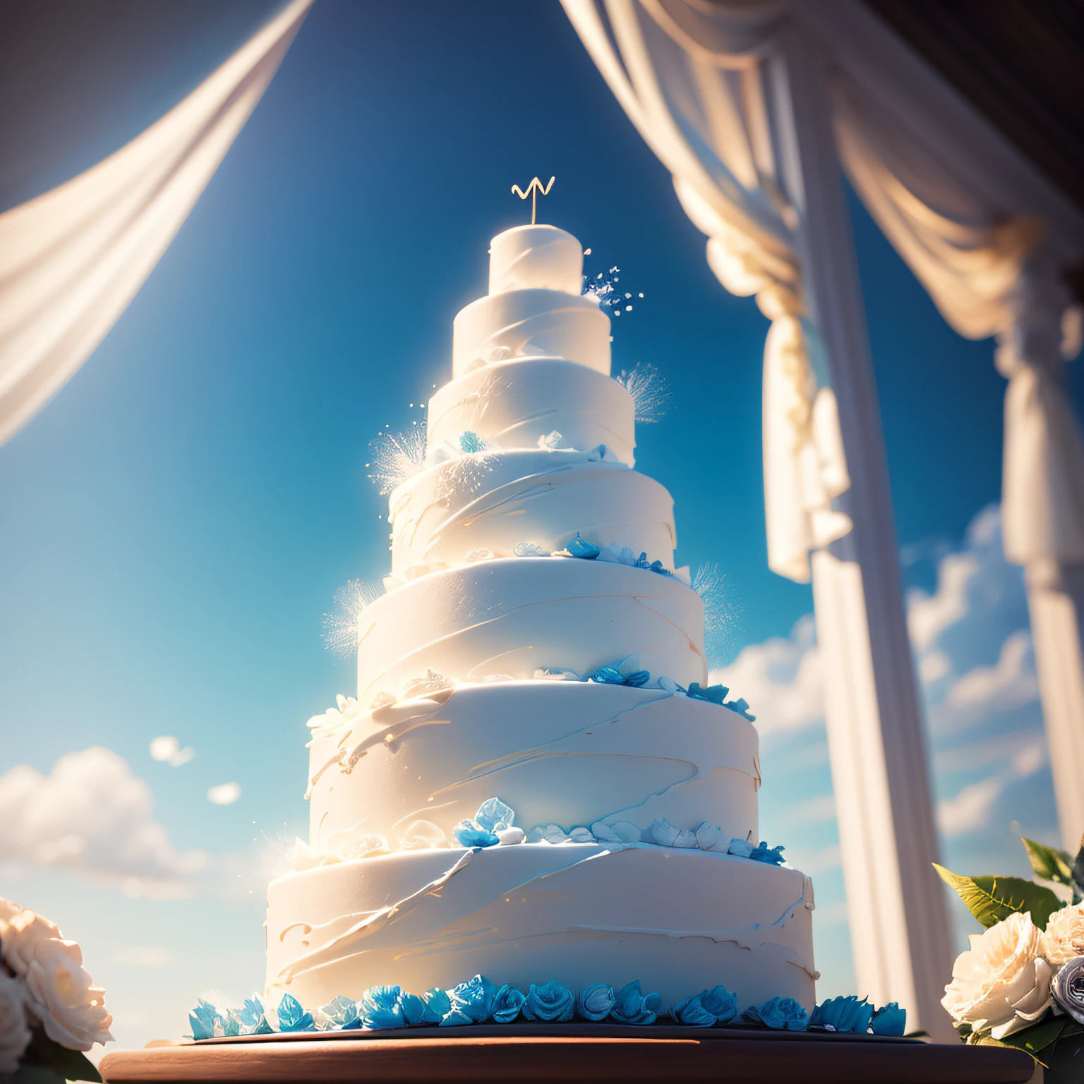 Flower shower, blurred background with blue sky, (high detail background: 1.2), wedding cake, watercolor, 8K, transparency, intricate details --auto