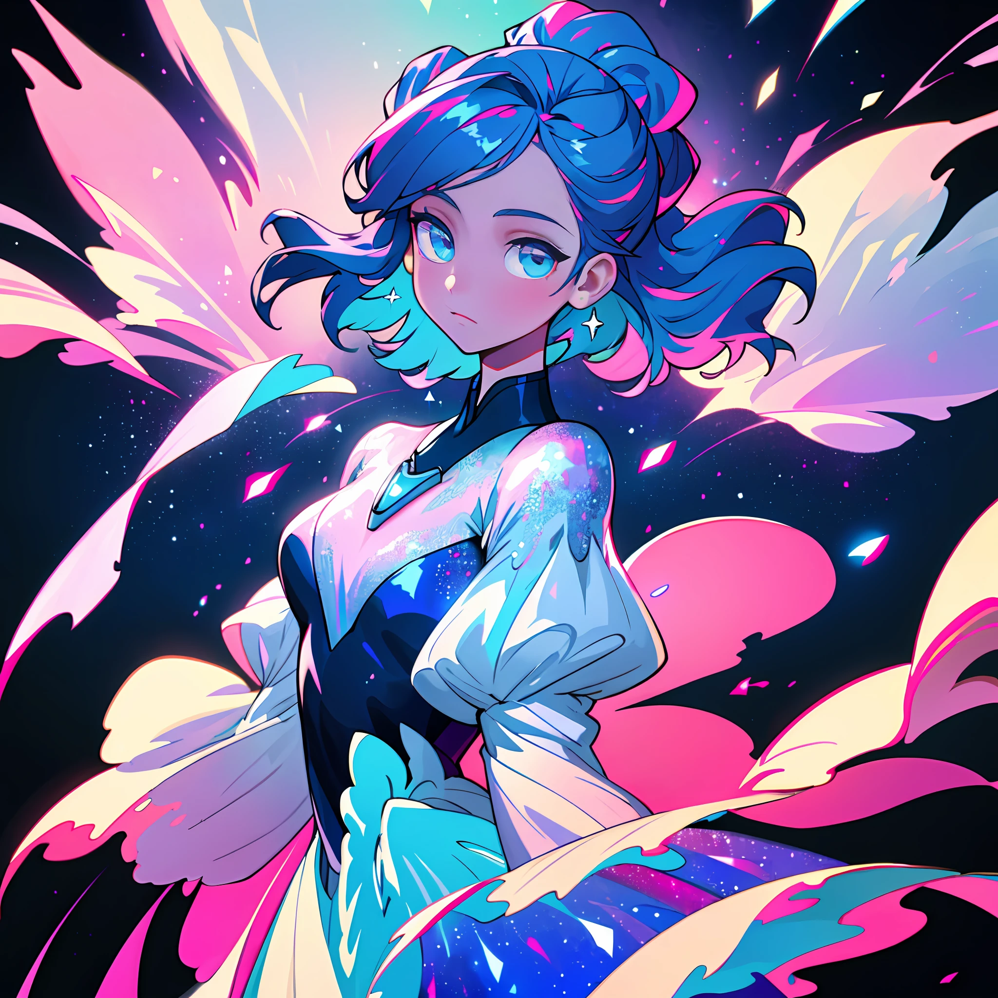 (best quality, masterpiece), 1girl, galaxy, glitter, dress, particle, wind, flower, upper body, dark simple background, looking at viewer, (blue-pink theme)