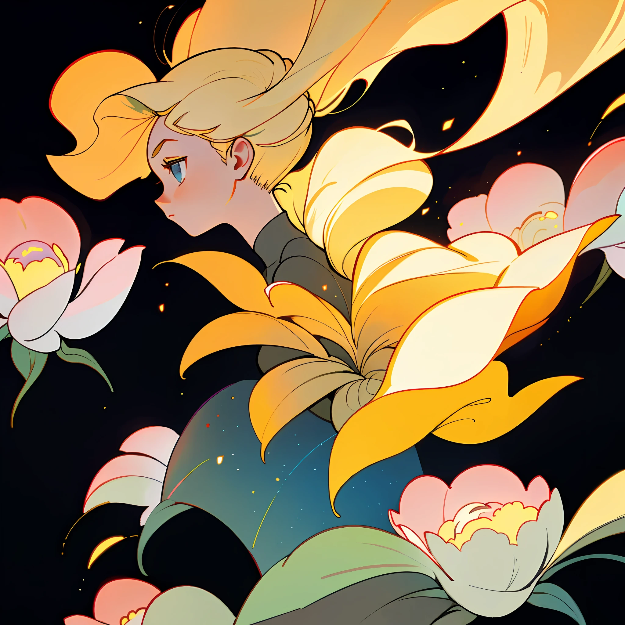 (best quality, masterpiece), 1girl, particle, wind, flower, upper body, dark simple background, profile view, blonde, galaxy