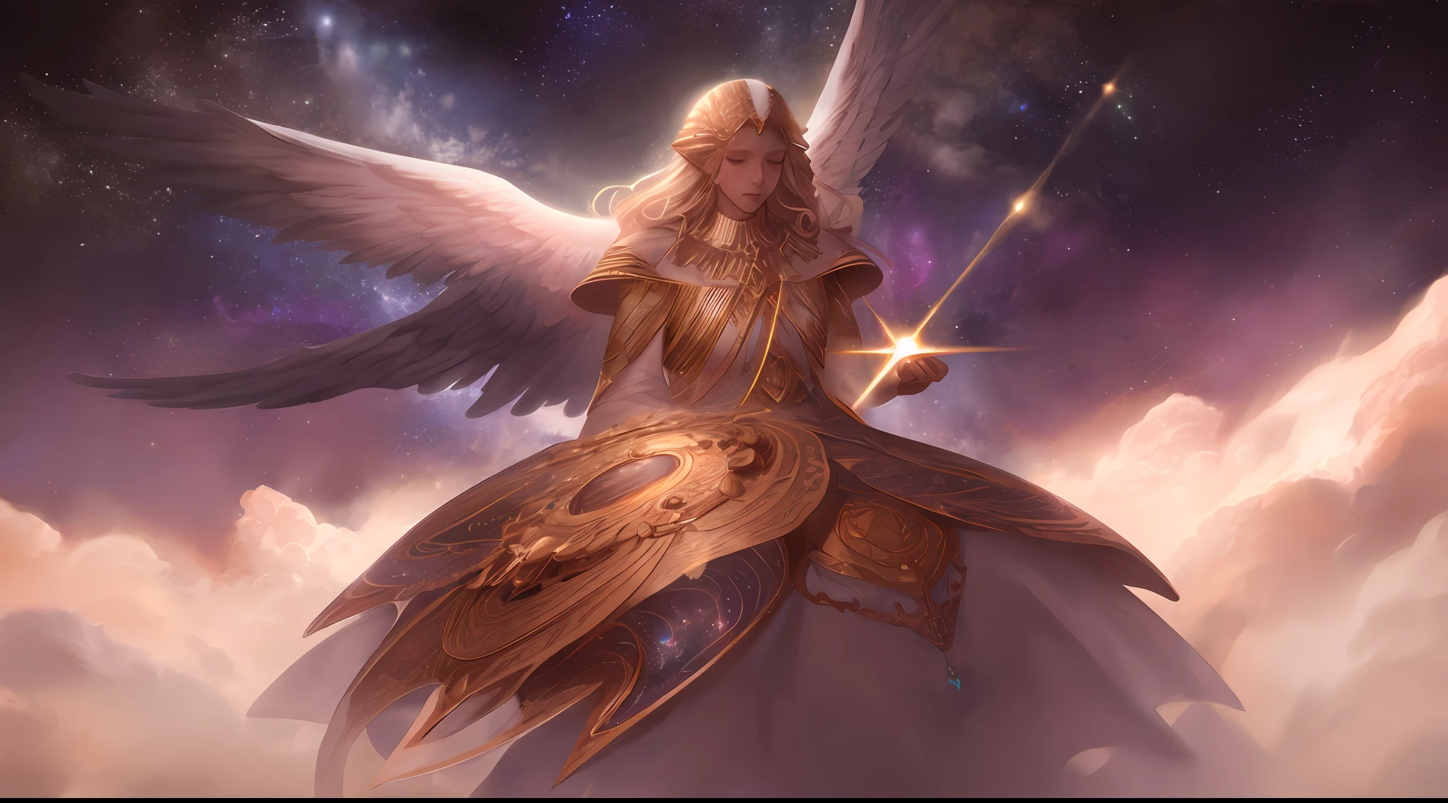 Super Detail, Best Quality, 16K, Spiral Galaxy, Space, Giant Angel, Angel of God, Cosmic Power, Hyperspace, God Ray, Intense Light, Dream Scene, Divine