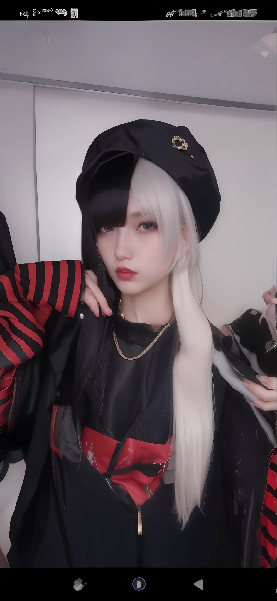 a close up of a person with long hair wearing a hat, 1 7 - year - old anime goth girl, with white long hair, cruel korean goth girl, black hair and white bangs, with long white hair, 1 7 - year - old goth girl, long white hair and bangs, whitebangsblackhair, sui ishida with black hair