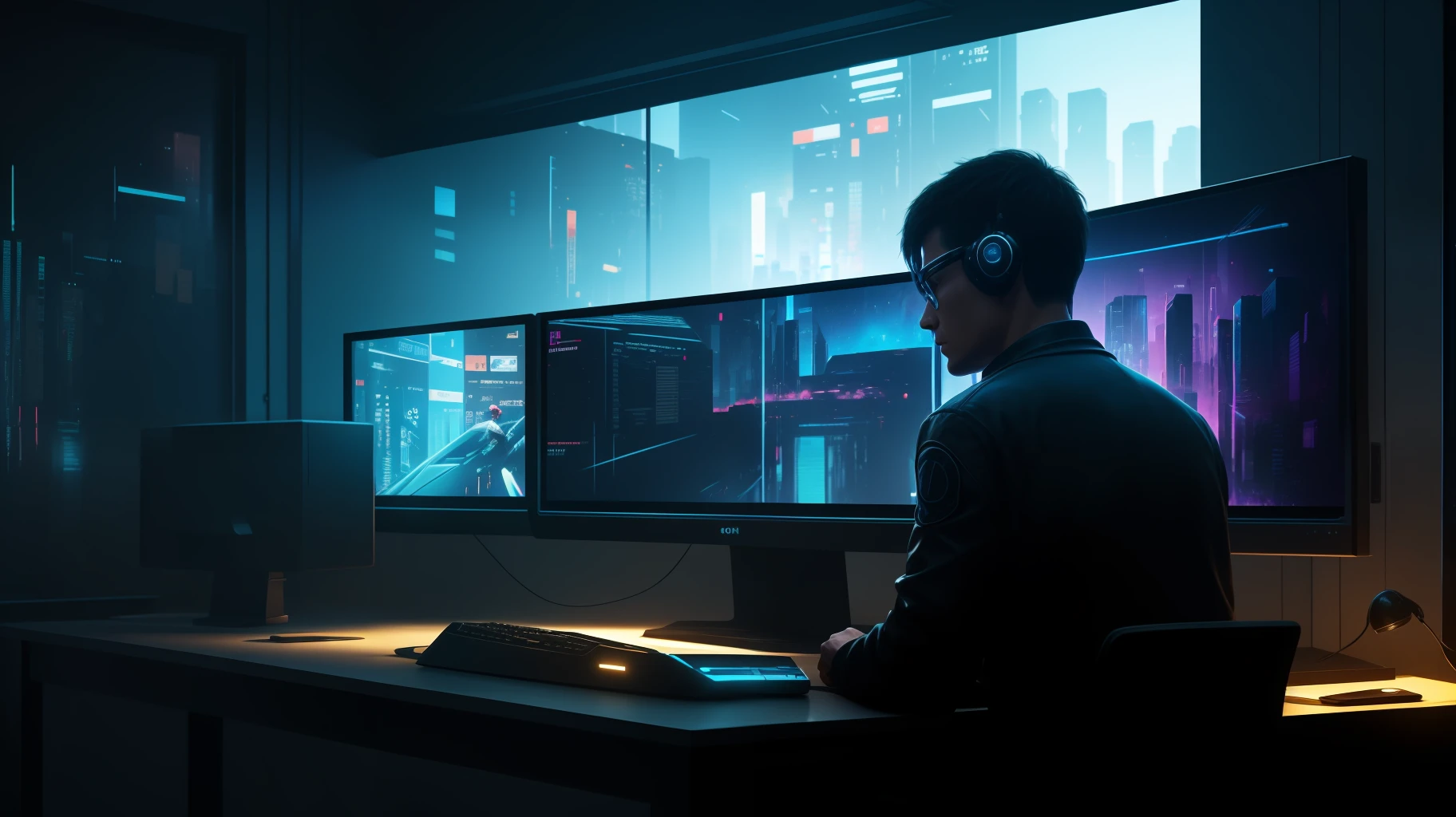 A lone hacker, immersed in a dark room full of bright computer screens and floating holograms., cyberpunk aesthetics, action movie shot by Kon Satoshi, Semi Impasto style, matte painting, atmospheric, bright, dramatic lighting
