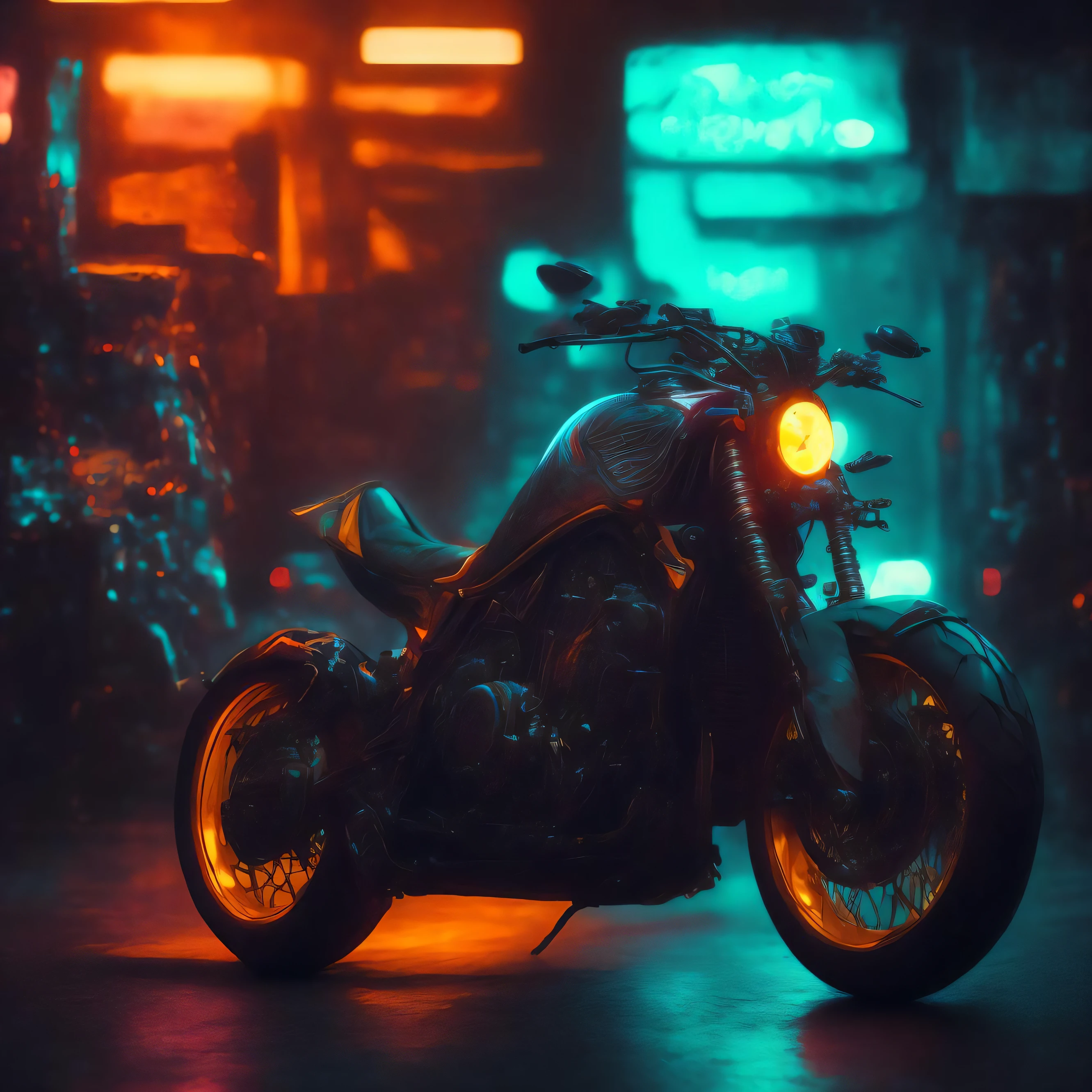 a motocycle in a shop,cyberpunk style, edge light, well lit, bokeh
