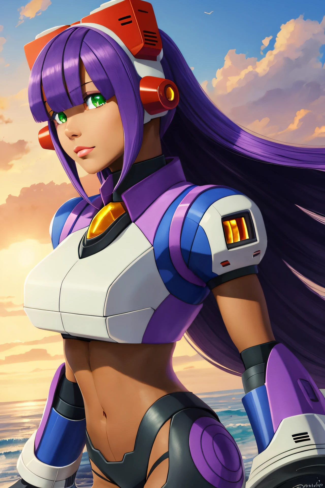 best quality, masterpiece, solo, 1girl,  layer_megamanx, long hair, purple hair, green eyes, blunt bangs, hair over eyes, large breasts, (dark skin, dark-skinned female:1.2), android,,