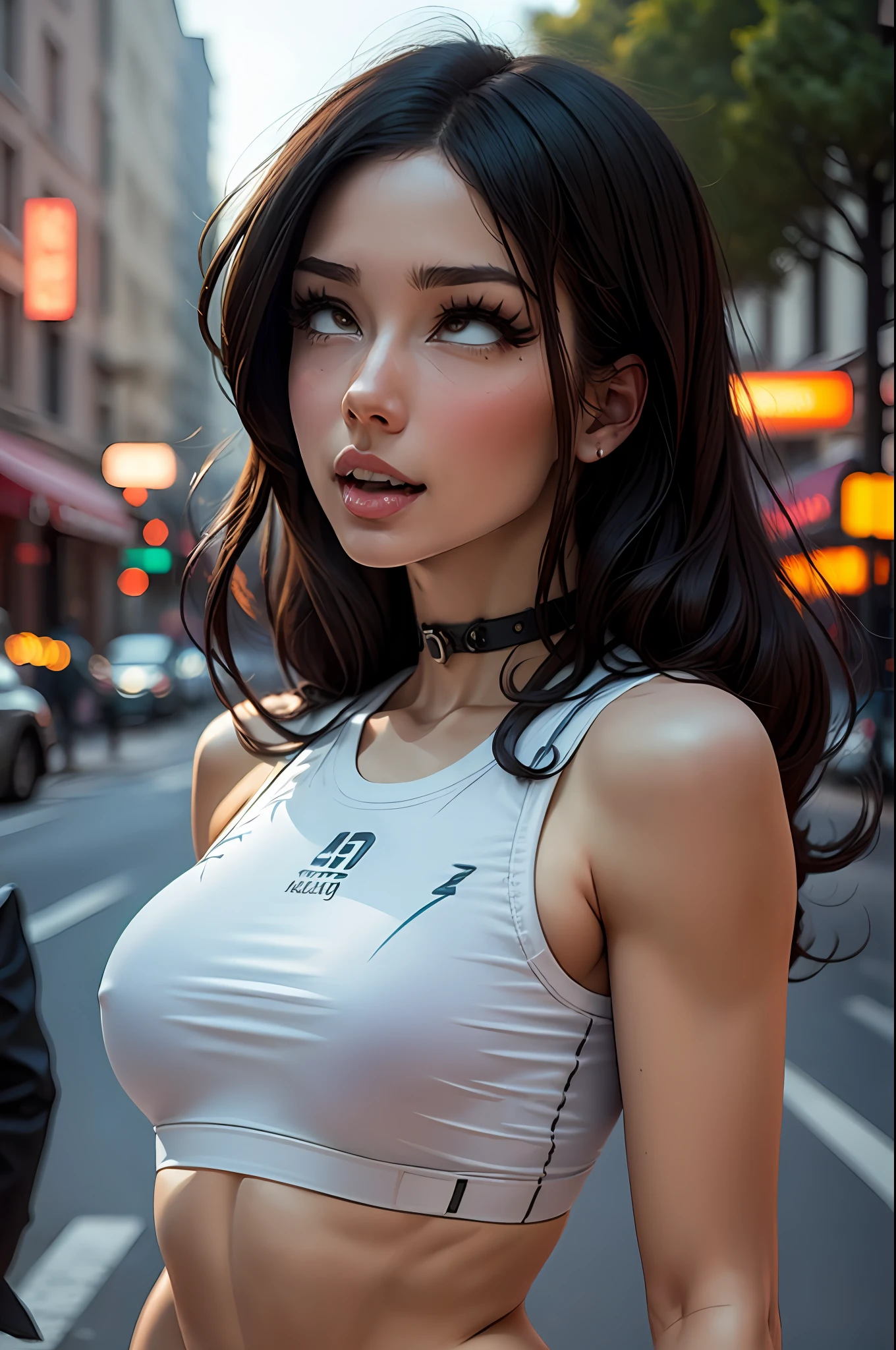 ((Realistic lighting, Best quality, 8K, Masterpiece: 1.3)), Clear focus: 1.2, 1girl, Perfect Figure: 1.4, Slim Abs: 1.1, ((Dark brown hair)), (White crop top: 1.4), (Outdoor, Night: 1.1), City streets, Super fine face, Fine eyes, Double eyelids, (aheago:1.5)