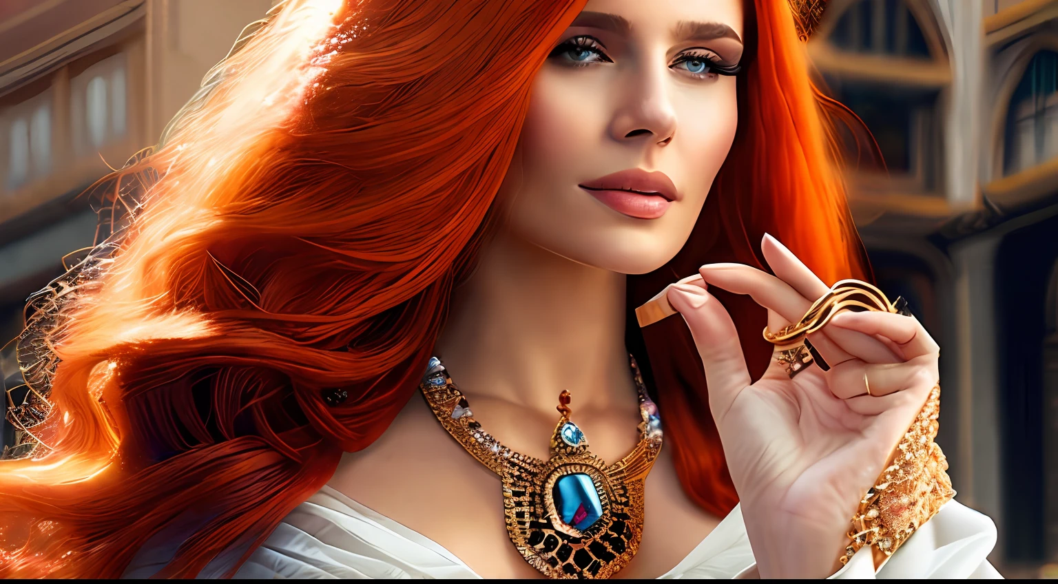 Beautiful woman with long red hair, medieval clothes, golden jewelry, holding a quartz crystal in her hands, in the background the city of Atlantis, realistic, detailed.