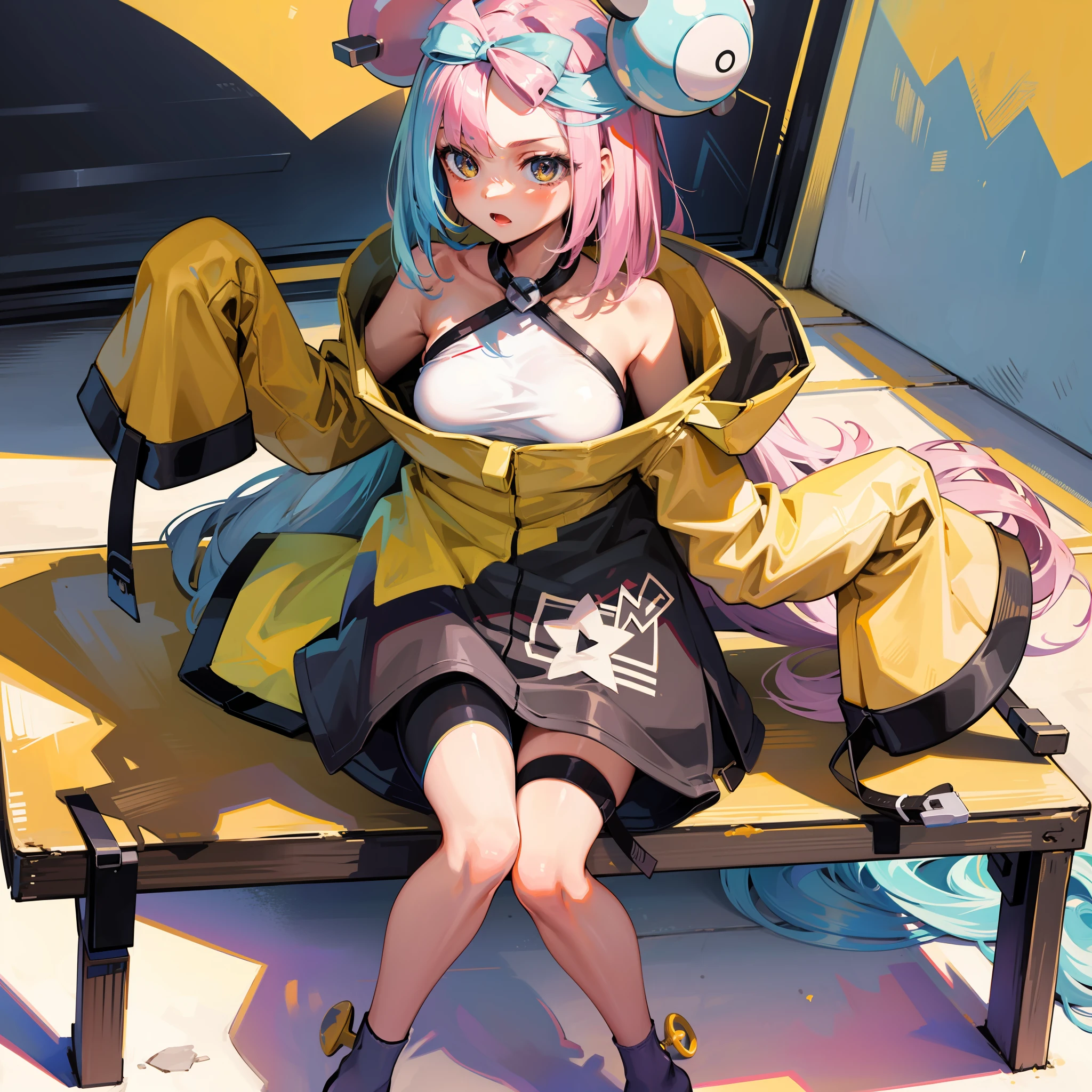 masterpiece, best quality, highres, iono1, 1girl, long hair, medium breasts, yellow jacket, off shoulder, hair ornament, bench, sitting,