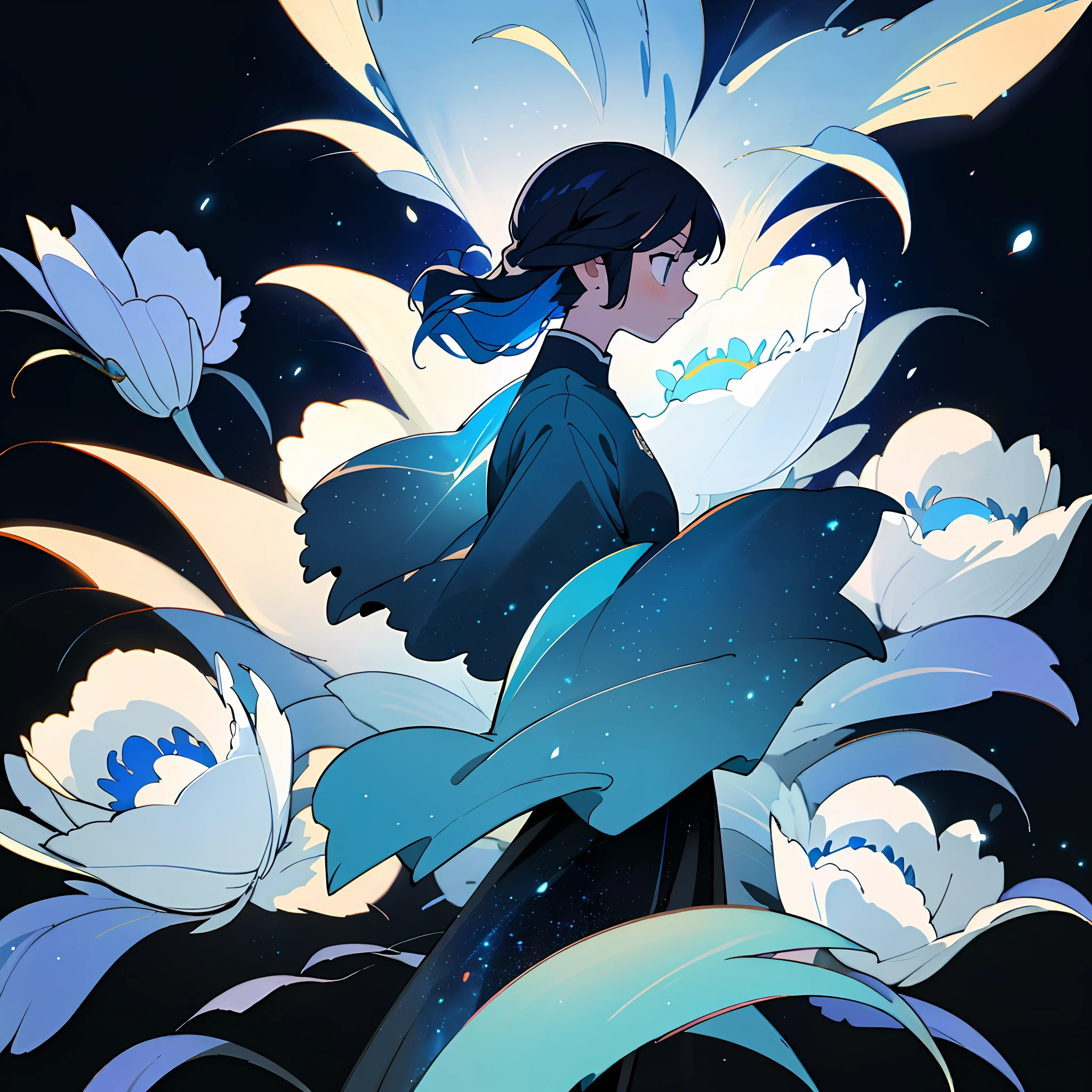 (best quality, masterpiece), 1girl, particle, wind, flower, upper body, dark simple background, profile view, (blue theme), galaxy