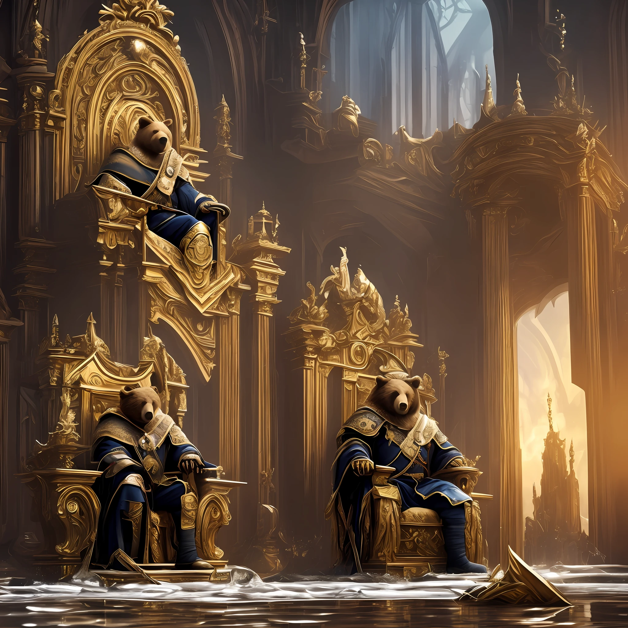 an old bear king sitting on the throne in the heart of the city of Glas, the throne is a very damp place full of puddles and leaks, royal, intimidating, ornate armor, royal crown, blurry background, natural lighting, short hair twintails, Looking_at_viewer, solo, highly detailed 8k --auto