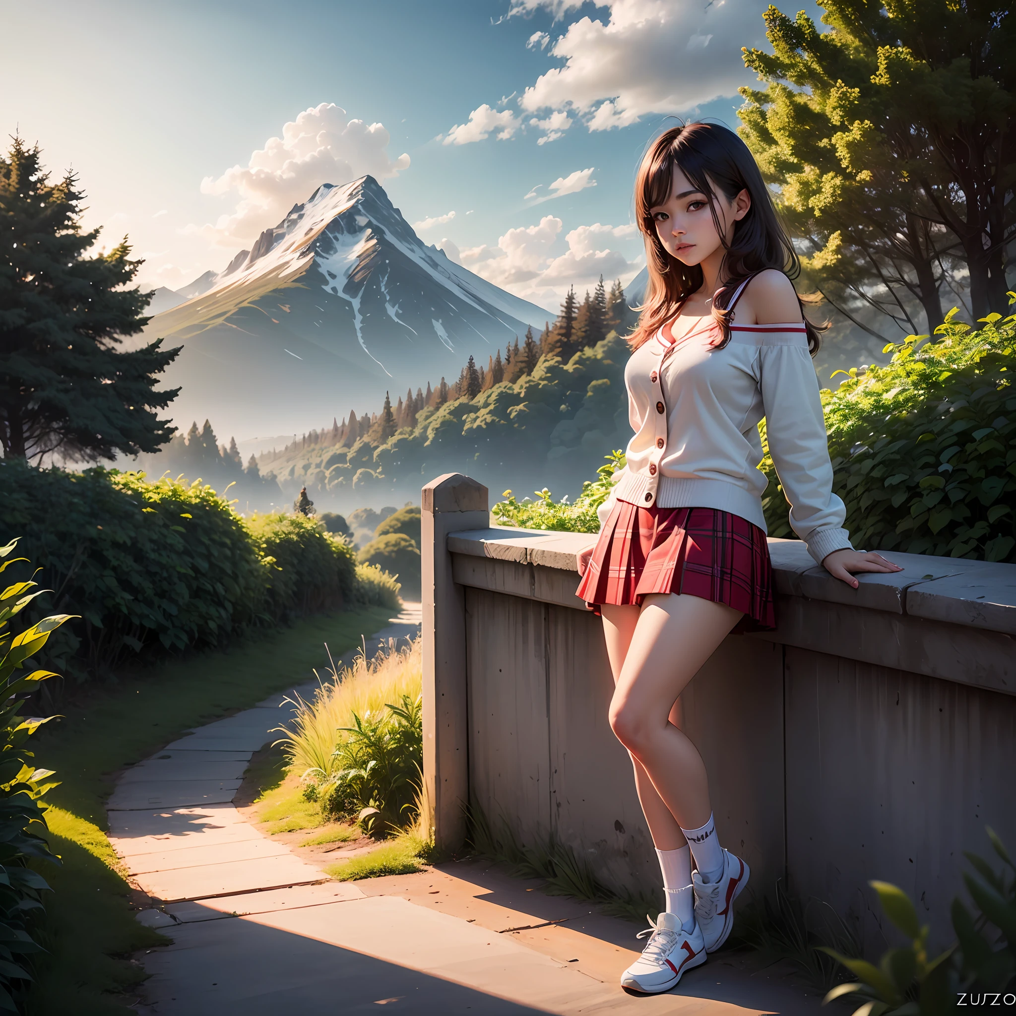 best quality, detailed, dreamland, fantasy world, mountain, sunset, clouds, bird in the sky, trees, vegetation, blue, red, yellow, white. 1girl, 20 years old, ulzzang, look at viewer, red pleated skirt, oversized cardigan, over shoulders, white shirt, medium breast, black long socks, red sneakers, photo, realistic, best quality, hires, detailed face