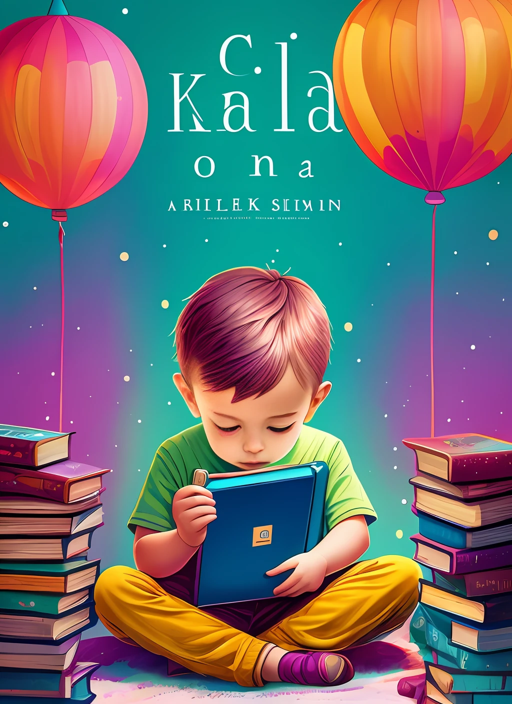 A child with a kindle, with a colorful background, book cover without text, fantasy