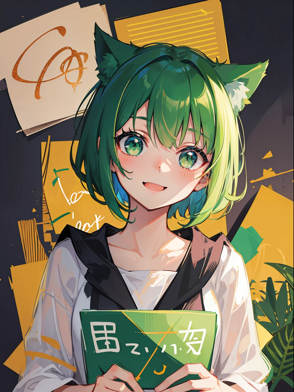 Cat girl, green short bob hair, green eyes, smile, calligraphy pattern, artistic letters, beautiful letters, calligraphy, visual poetry, cultural expression, decorative writing