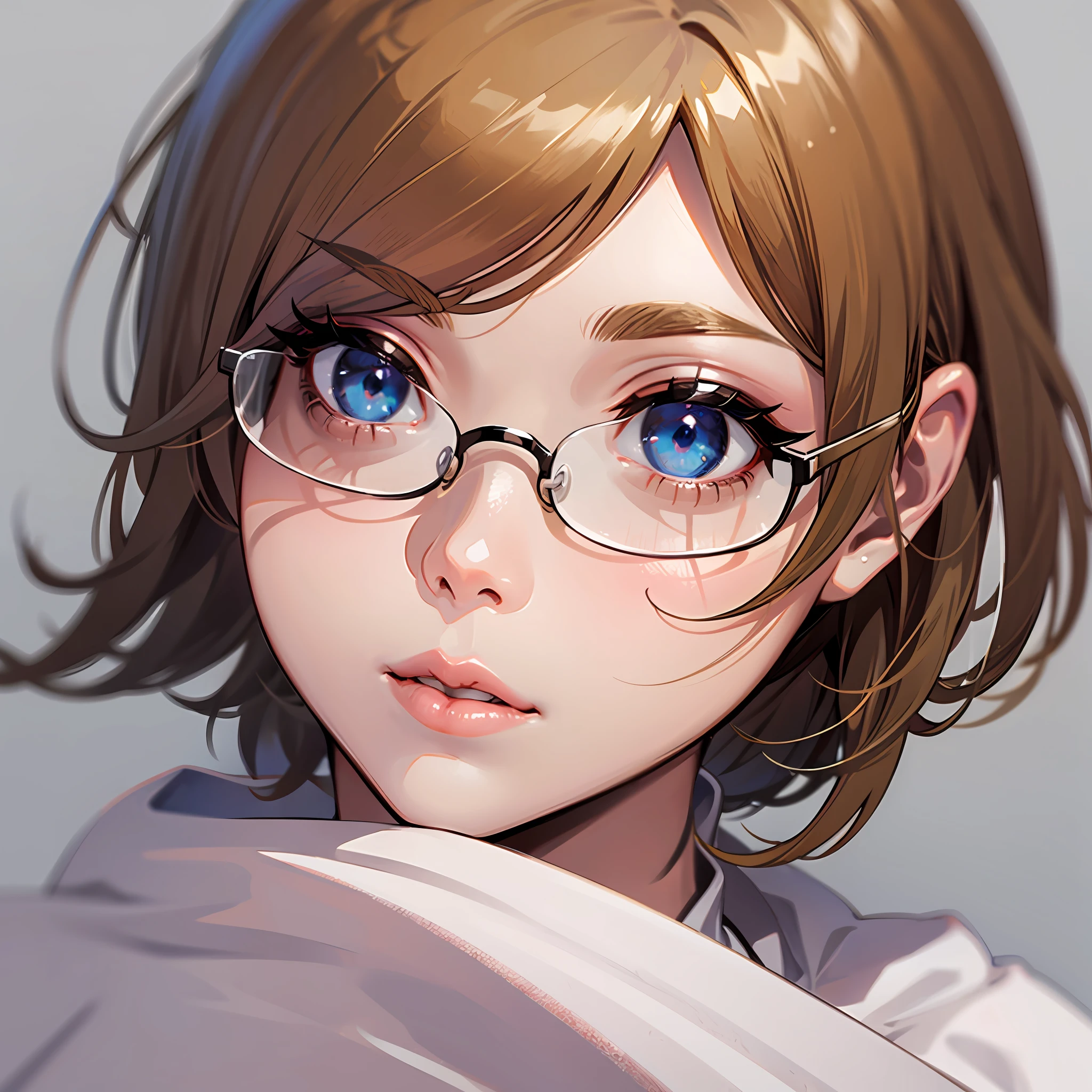 a blond young woman, wearing glasses, big lips, ultra realistic, blue eyes, innocent face, with white cream on her face