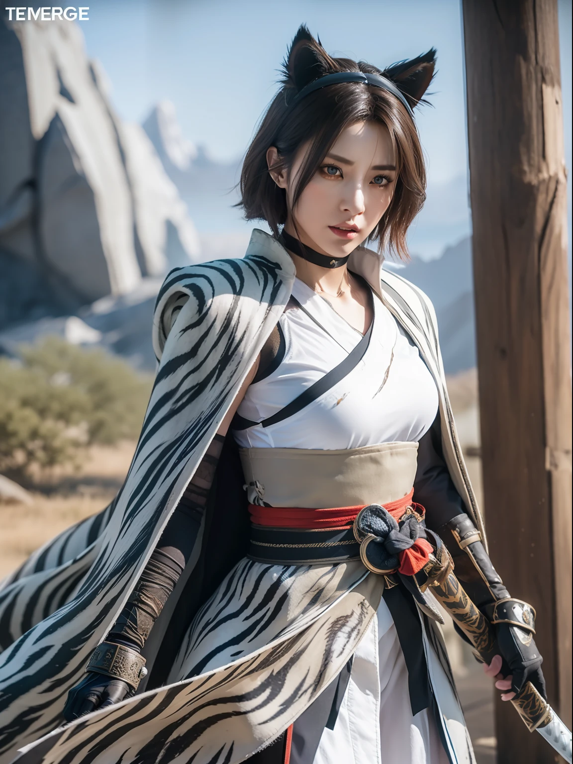 woman, Blue and White TIger Samurai with tattered worn cloak standing in a fierce , highly detailed, photorealistic, unreal engine, combat stance. unreal engine 5, hyper-realism, Nvidia Geforce 4090TI ,Katana, snow mountains in the backround, magical power