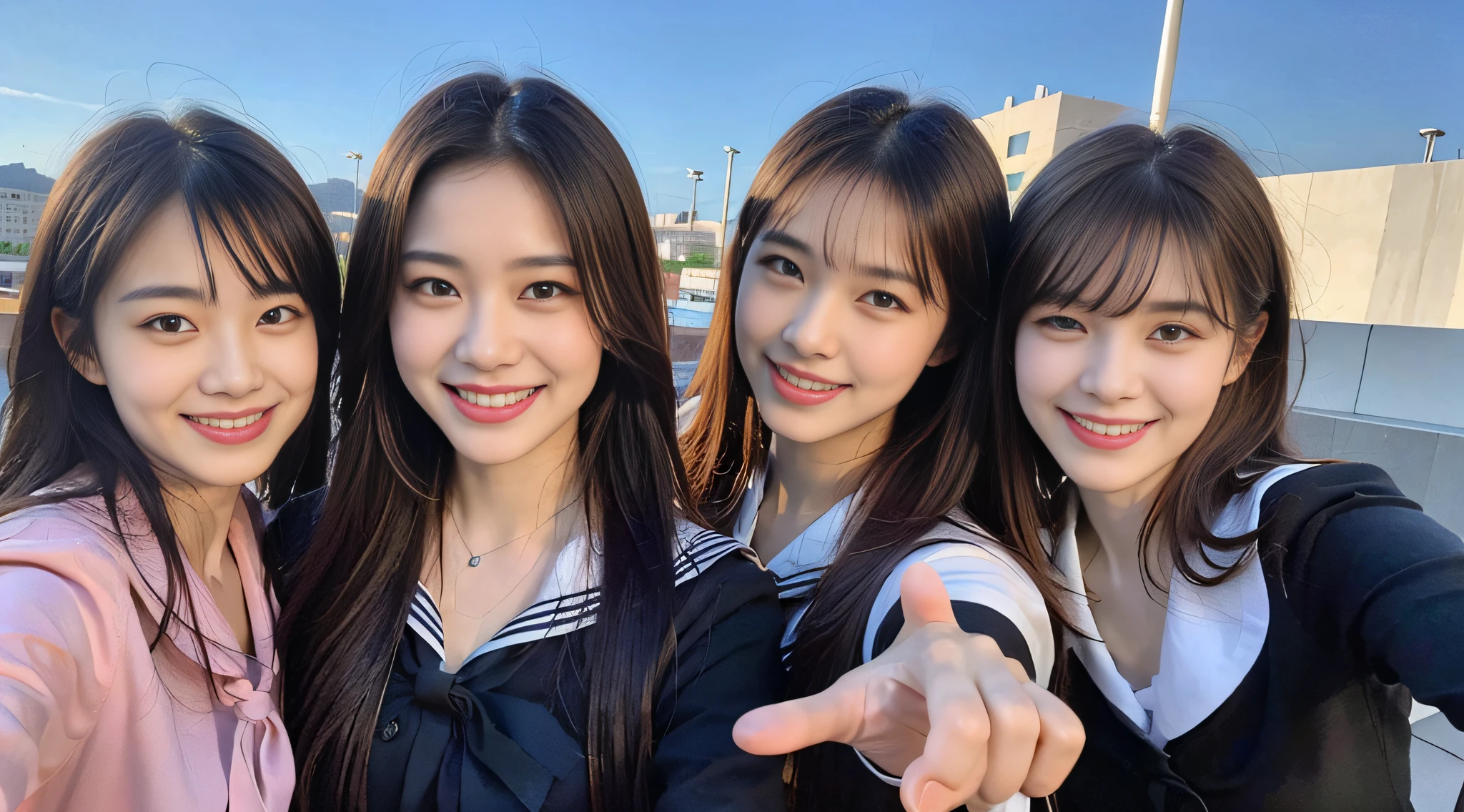 (8k, RAW photo, top quality, masterpiece: 1.2), super detail, super resolution, (realistic, real photo: 1.37), (photorealistic: 1.6), eating lunch on the roof of the school, fantastic scenery, realistic lighting, amazing realistic details, cute lunch box, school rooftop, lunch break, fashionable school, futuristic city, futuristic school, future school, future, future world, Fantastic world, new world, high resolution RAW color photo, professional photo, very detailed and beautiful, (pointing at the camera), real light (with hands wide spread and palm facing us), smile so much that you can see teeth, beautiful scenery mixed with light, very detailed sailor suit, amazingly cute female proofreading, amazing cute smile, transcendent cute face, amazing details, Red scarf, beautiful girls, very detailed face, different pattern, one is ponytail, modern cute schoolgirl, very detailed face very detailed eyes, very realistic skin, very detailed fingers, very detailed nose, very detailed mouth, perfect anatomy, very detailed sailor suit, very detailed background,after school,. full of smiles, long straight hair, (dull bangs: 1.2), Celebrity level cuteness, high school girl youth (pink eye shadow)