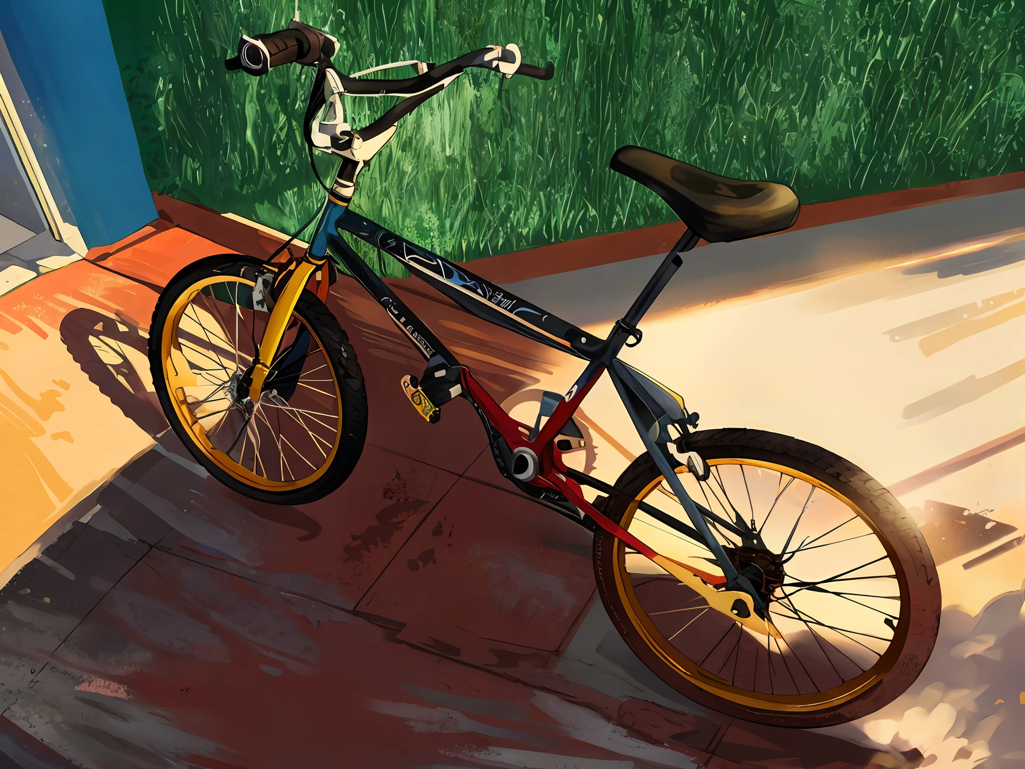 there is a red bicycle parked on the sidewalk next to a wall, really trying to ride it, bicycle, hand drawn, perfect master piece, trying to ride it, 1 9 9 0, 1990, 1985 cheverlot k20 c10, bicycles, 1 9 9 2, 1992, 1 9 8 9