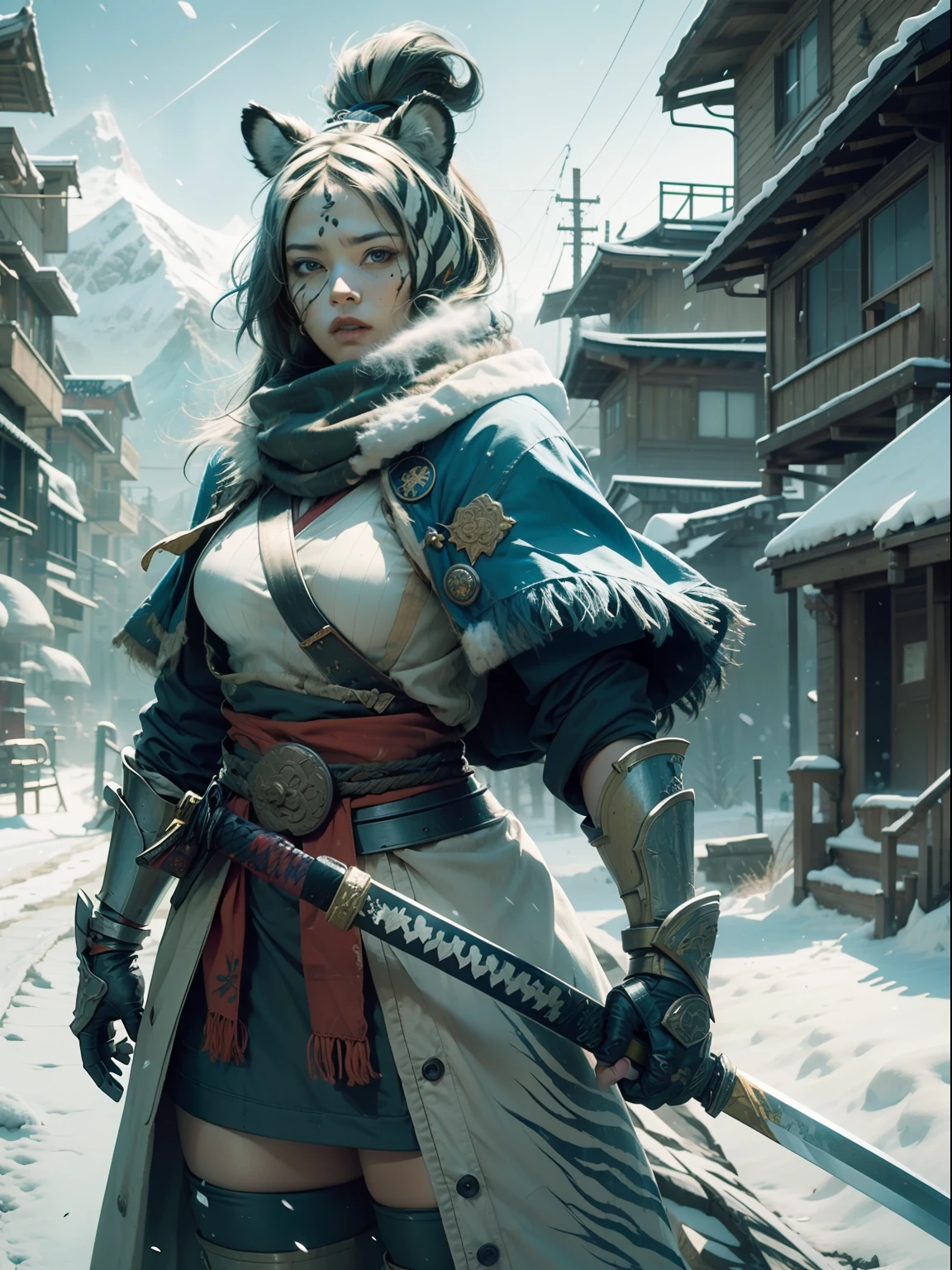 woman, Blue and White TIger Samurai with tattered worn cloak standing in a fierce , highly detailed, photorealistic, unreal engine, combat stance. unreal engine 5, hyper-realism, Nvidia Geforce 4090TI ,Katana, snow mountains in the backround, magical power