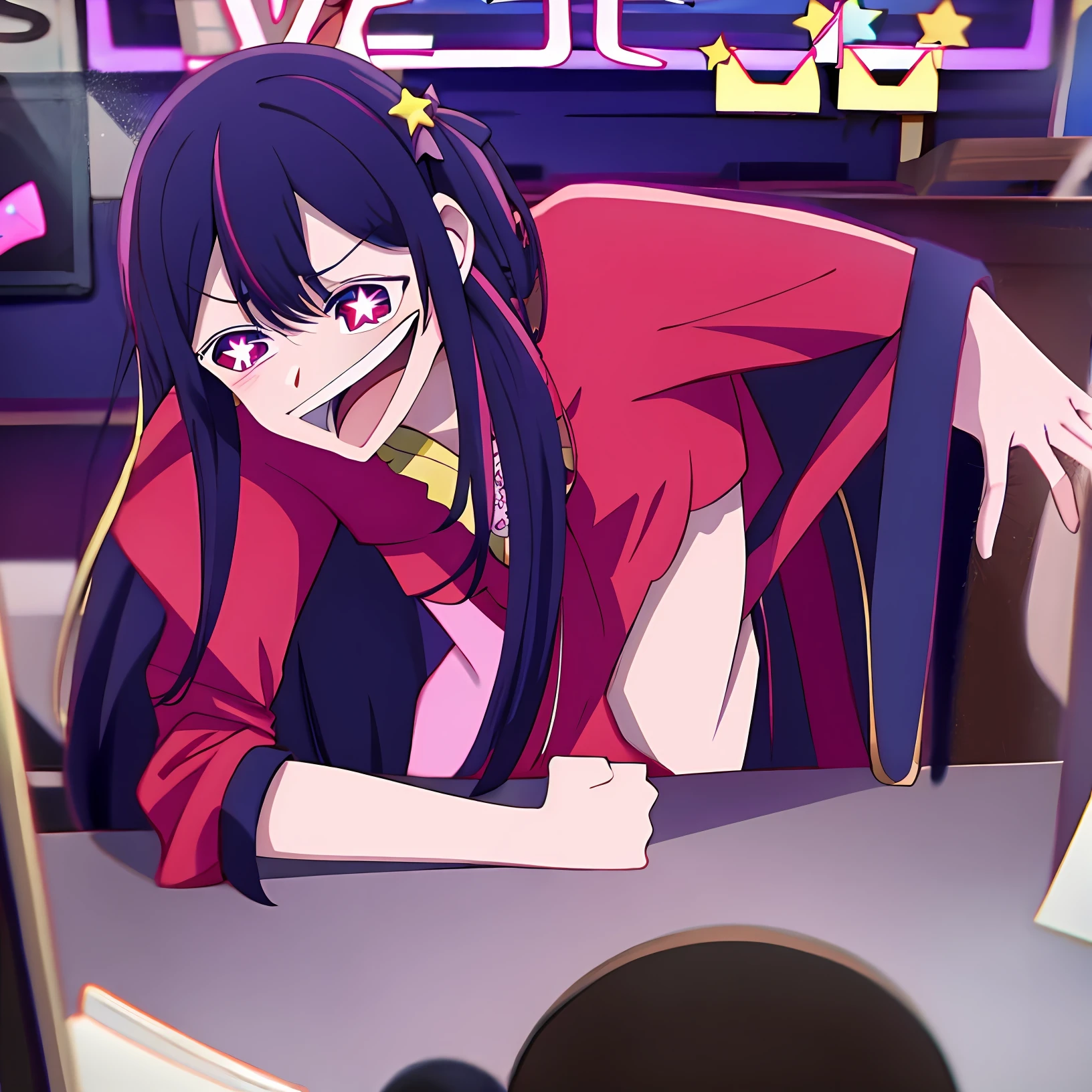 wheeze, wheeze meme, laughing, upper body Hoshino Ai, long hair, purple hair, streaked hair ,purple eyes, star-shaped pupils, hair ornament,