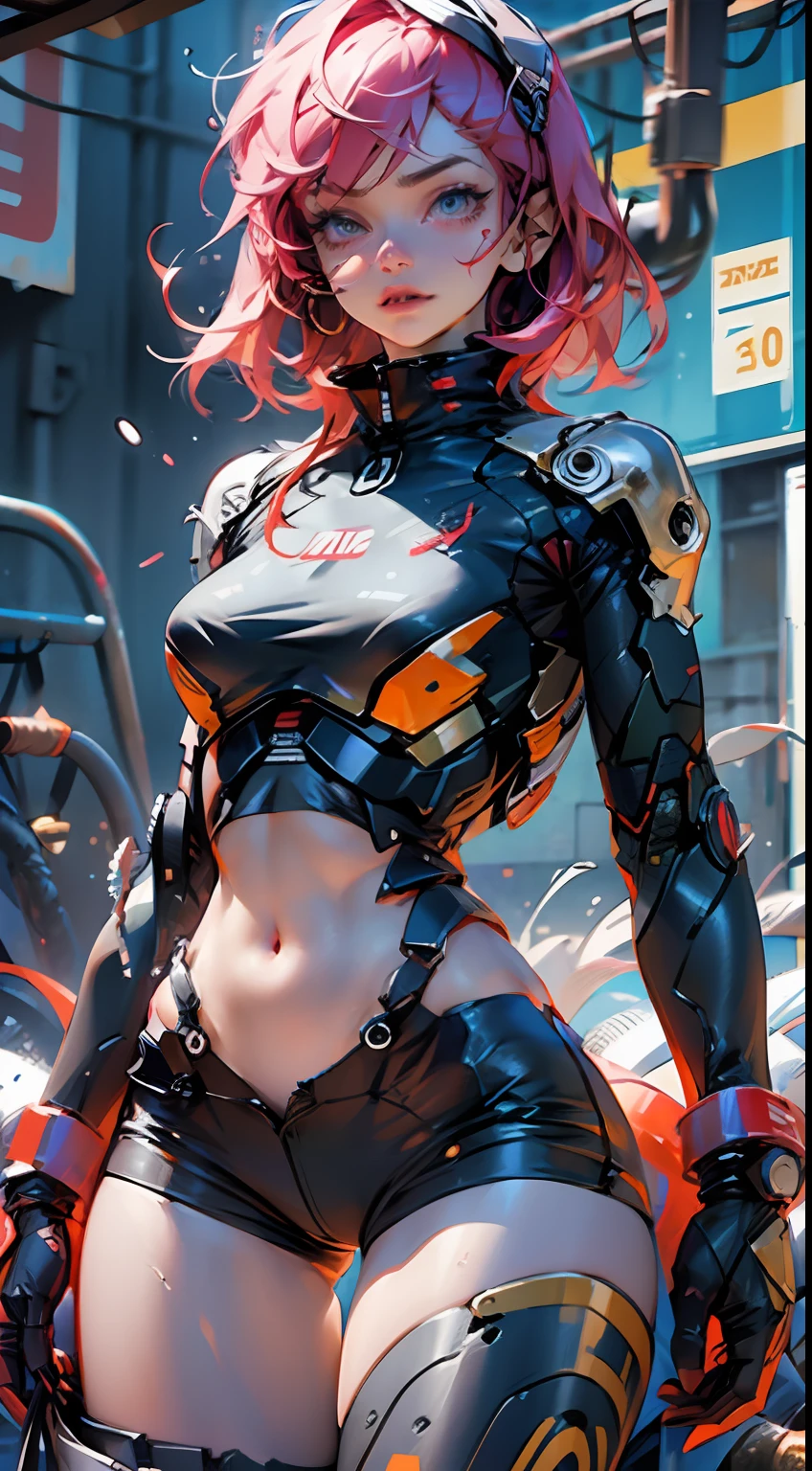 Woman body defined thick thighs cybernetic body parts, short underwear