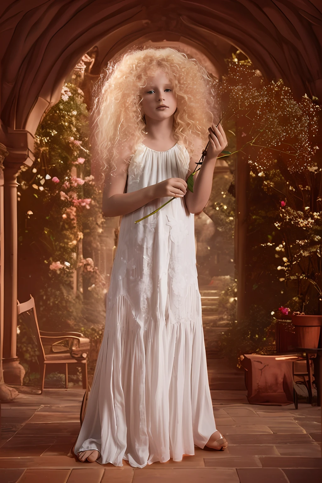 The image depicts a girl in Renaissance style, looking directly into the camera. She is dressed in period clothes, with richly detailed fabrics and a serene expression on her face.
In the background, there is a stunning Renaissance garden, filled with lush greenery and colorful flowers. The scene is captured with an 8K Canon EOS R5 camera, resulting in high-resolution image quality and sharp detail.
The composition of the image evokes a cinematic atmosphere, with soft lighting and soft shadows. The girl is the focal point of the image, with the garden elements in the background, creating a sense of depth and realism.
The landscape is portrayed realistically, with attention to detail of plants, trees and other natural elements. The Renaissance setting adds a touch of elegance and sophistication to the image, transporting the viewer.
This image conveys the feeling of being in a period scene, transporting the viewer to a charming Renaissance garden, with the girl as the protagonist, bringing life and beauty to the scene. In the background of a Renaissance painting, a meticulously designed Renaissance garden stretches as far as the eye can see. Vibrant flower beds blend with neatly trimmed shrubs, while a central fountain gushes crystal clear water. In the background, a majestic palace with imposing pillars and ornate windows completes the scene.
In one cinematic scene, a Renaissance garden bathed in sunlight reveals itself. Rose bushes exude their scent into the air, while peacocks display their colorful feathers amid bubbling fountains. In the center of the garden, a maze of tall hedges creates a challenge for the characters, while classical music plays in the background.
While exploring a Renaissance garden in a cinematic scene, characters get lost in a forest of intricately cut topiaries, forming fascinating geometric shapes. Scrolls with written poetry hang from trees, he reveals