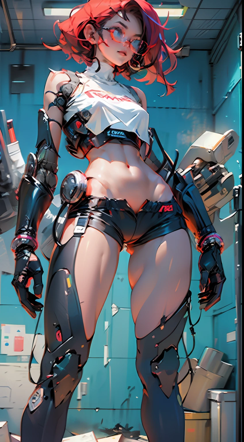 Woman body defined thick thighs cybernetic body parts, short underwear