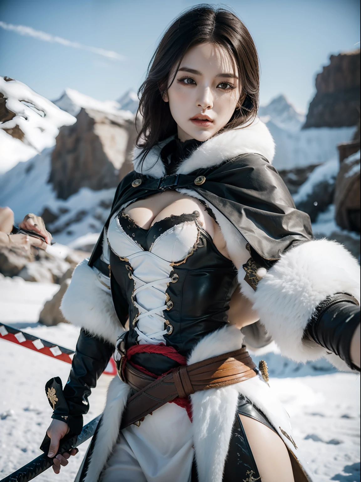 woman, Blue and White TIger Samurai with tattered worn cloak standing in a fierce , highly detailed, photorealistic, unreal engine, combat stance. unreal engine 5, hyper-realism, Nvidia Geforce 4090TI ,Katana, snow mountains in the backround, magical power