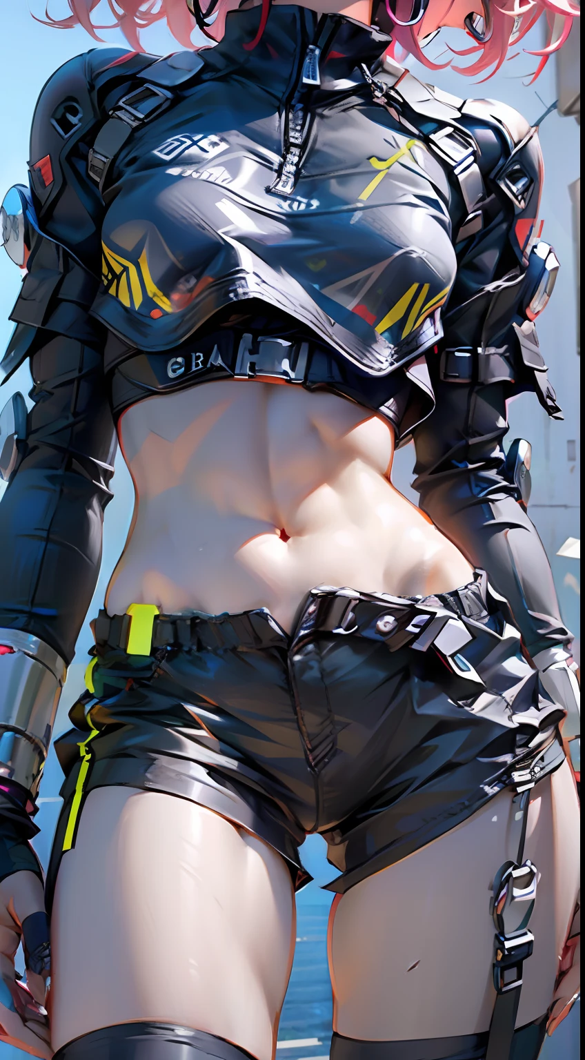 Woman body defined thick thighs cybernetic body parts, short underwear